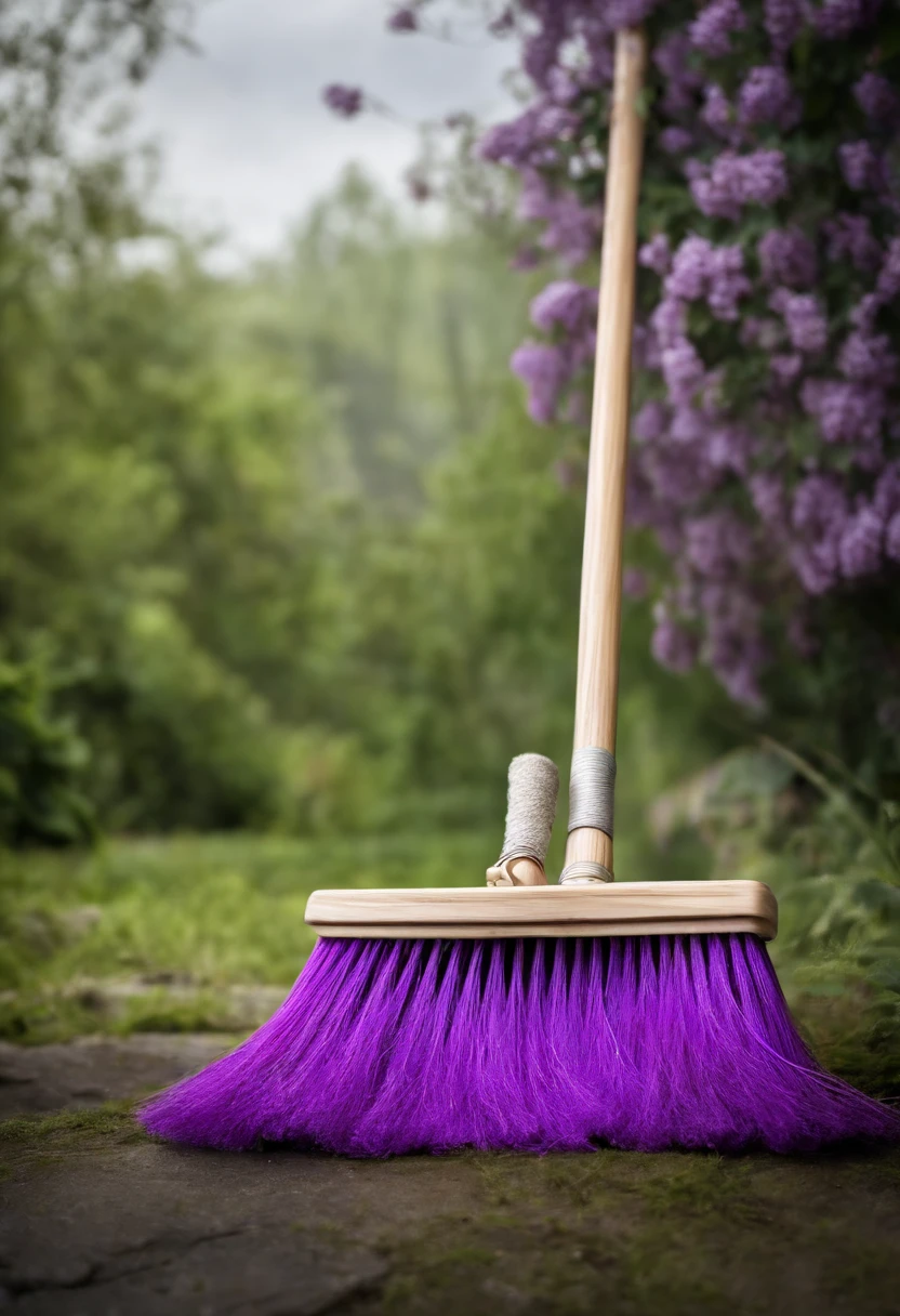 fundo branco, Broom standing on the handle of the broom with a lilac line