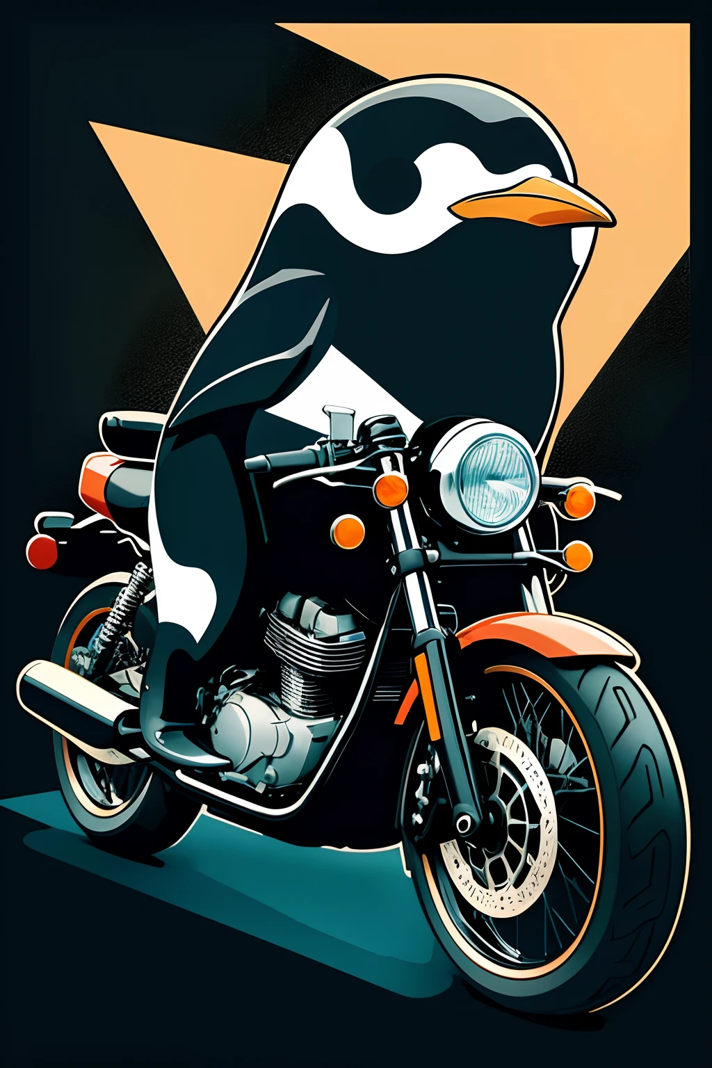 Imagine Prompt、Cute penguin illustration isolated on black background、pop-art、Riding a motorcycle