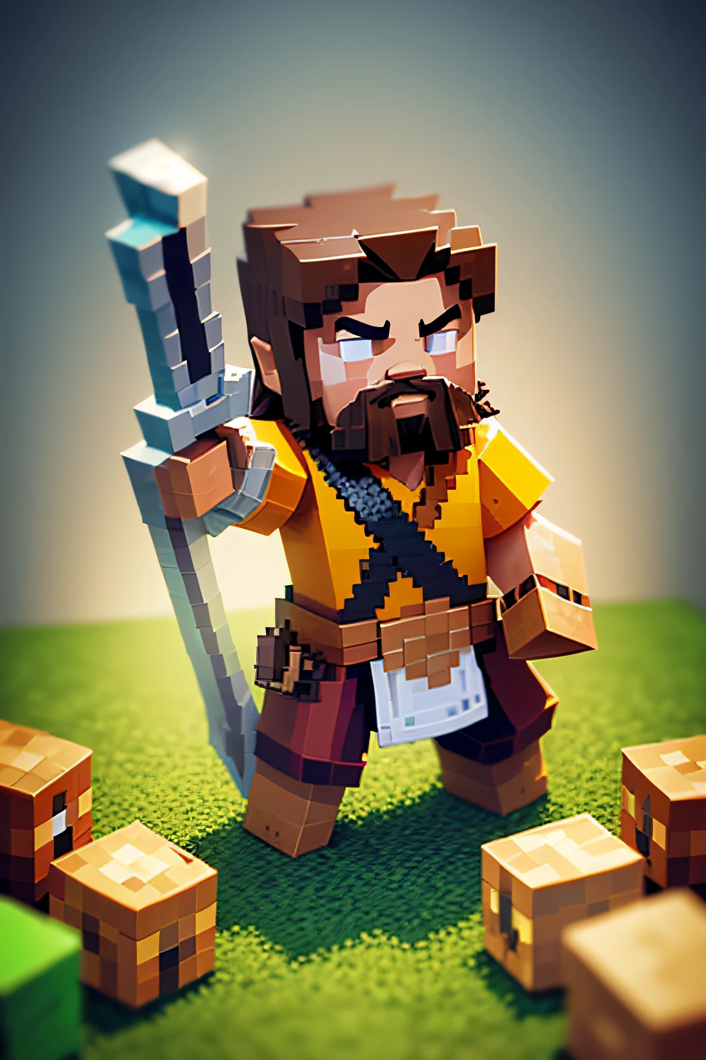 Close-up of a pixel character of a man holding a sword, voxels, voxelart, magister, voxels, voxels art, high quality voxel art, minecraft lords, pyromancer, brown tanned skin, minecraft skin, super glitched, Guan yu, clash royal style characters, next gen, heavy jpeg artifact blurry