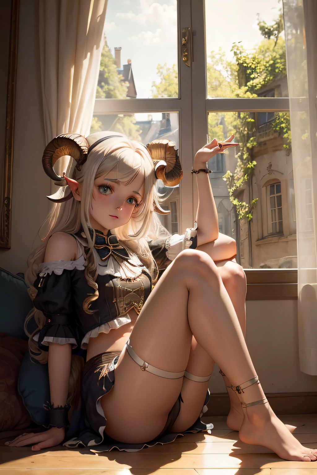 jeune fille, ram's horns, sitting in front of a window, Legs up, Cheveux courts, Realstic, Steampunk décor