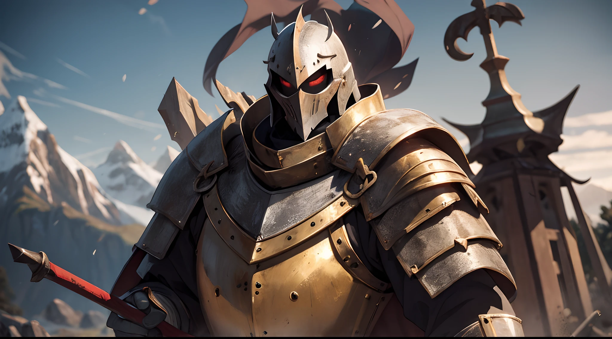 Medieval Knight with a maul standing atop a mountain of corpses, blurred background, bokeh