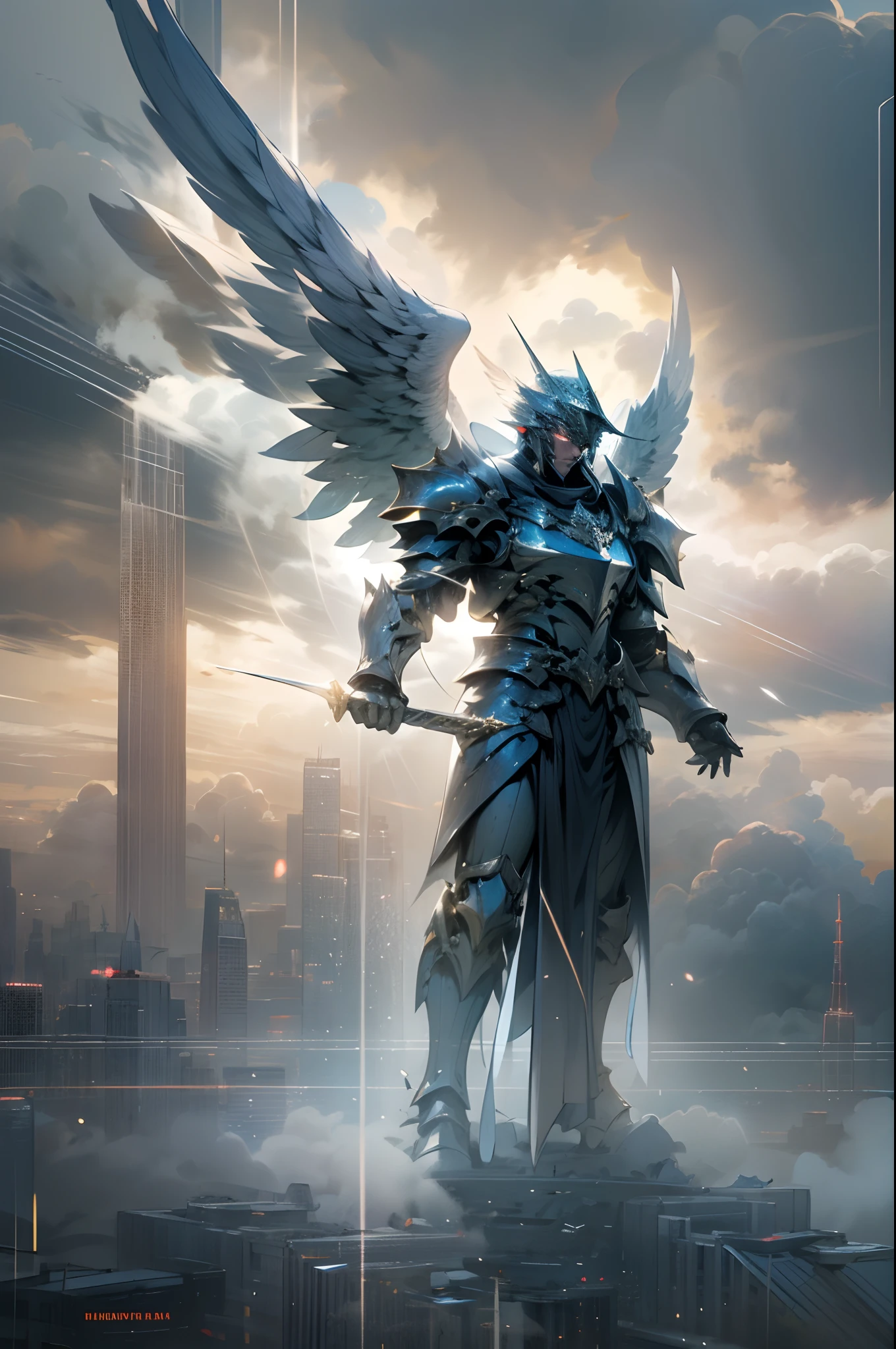 (4K, Cinematic Light Effects,) Sky, Mighty Angel (suspended in the air), Armor, Shield Sword, Six Wings, Battle Stance, Cloudy Sky, Sunlight Shining Through the Gaps in the Clouds, Fog