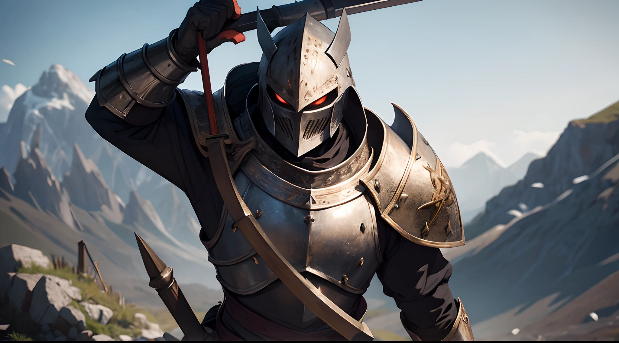 Medieval Knight with a maul standing atop a mountain of corpses, blurred background, bokeh