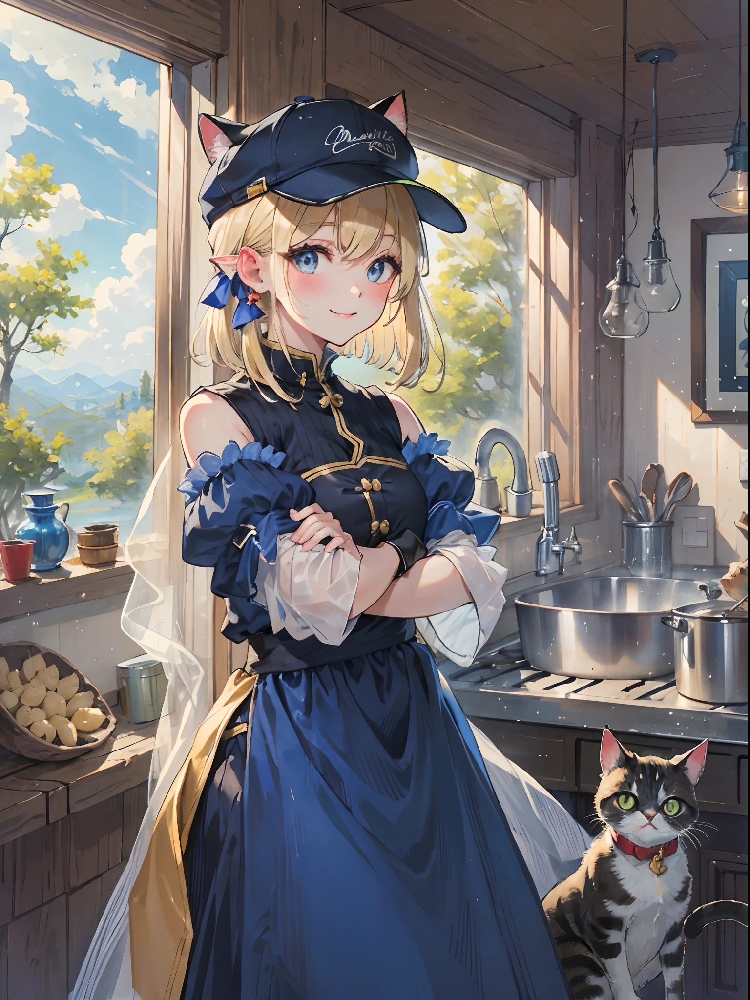 (masterpiece、top-quality:1.2), cowboy shot, 独奏, 1girl in, piper, A smile, Look at viewers, (hands on own cheeks:1.2), blonde hair, poneyTail, a blue dress, Puffy Short Sleeves, Fingerless gloves, kitchin, ((Cat's ears, no sleeves,:1.2)), (blondehair, Short hair, Bangs, baseball cap),