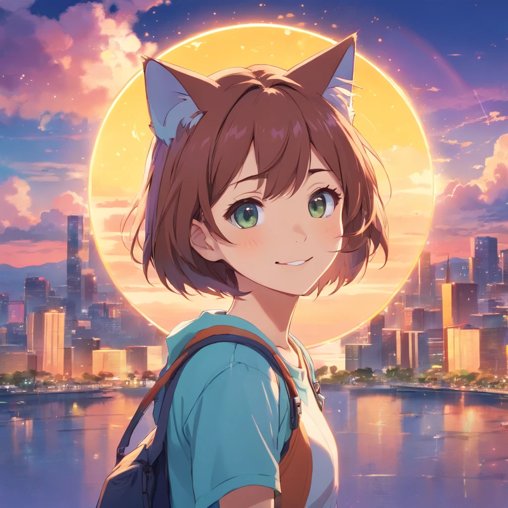 Cat in the circle，a closeup，（without background：1.5），T-shirt logo，Sticker Logo，Cutting art，（Girl and cat face each other with a smile）