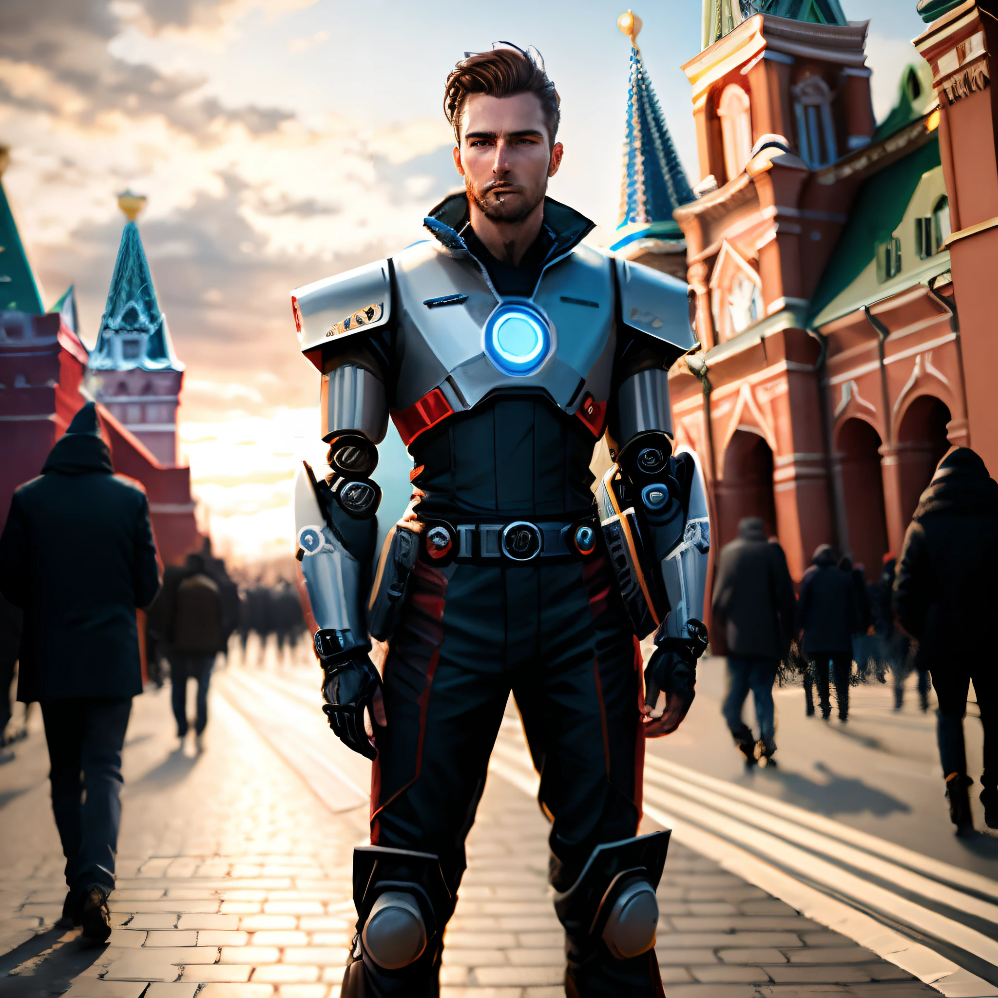 Create an image of a man on Red Square in a robot costume