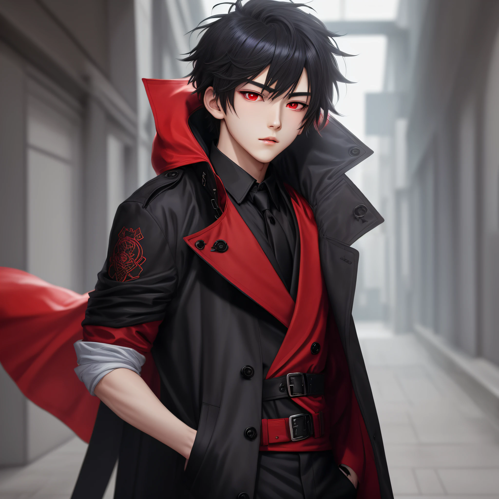 Anime boy with shining red eyes wearing black trench coat