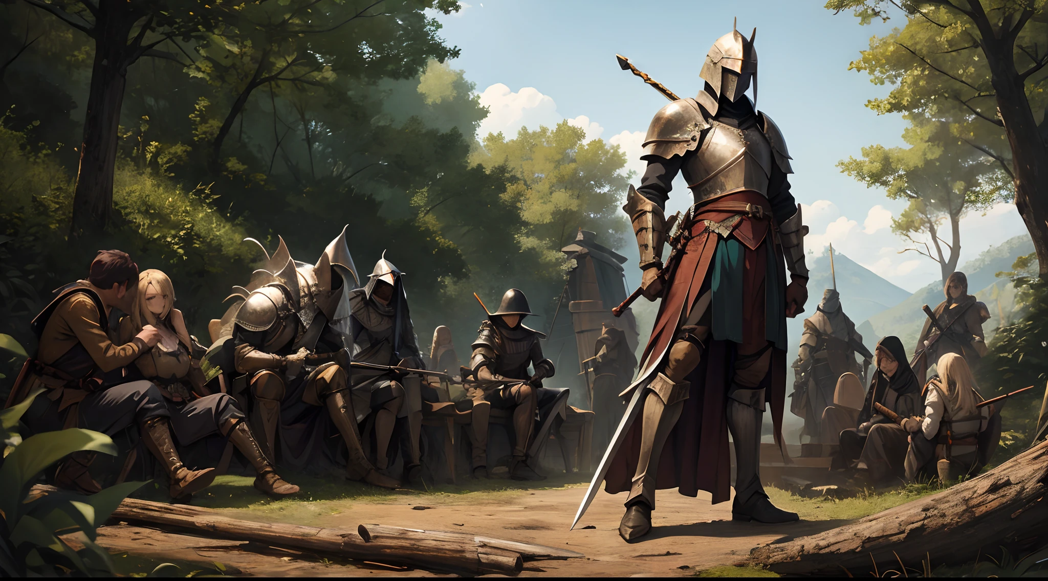 European Knight with a greatsword sitting on a log after a massive war. background filled with corpses