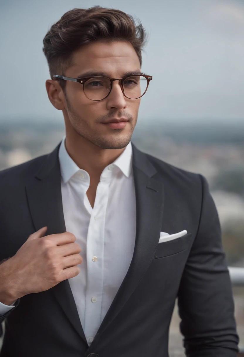 hyper realistic, Selfie, Contexte de la suite Penthouse, un bel homme, dark tanned skin, Dark Hair, chaume, Chiseled jaw, musculaire, lunettes, Black striped suit,