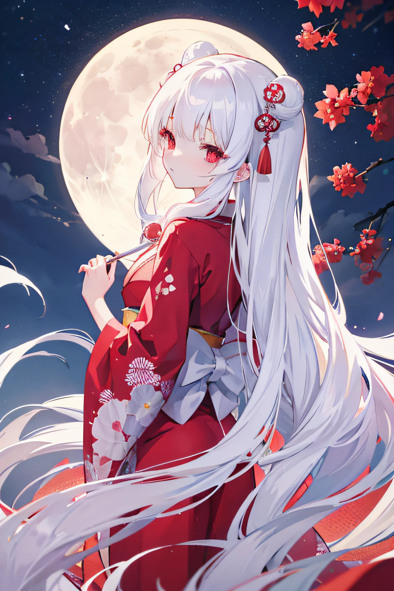 Anime, Cute, Japanese, Kaguya, Long White Hair, Ruby Red Eyes, petite, long kimono, full moon, sexy, rear