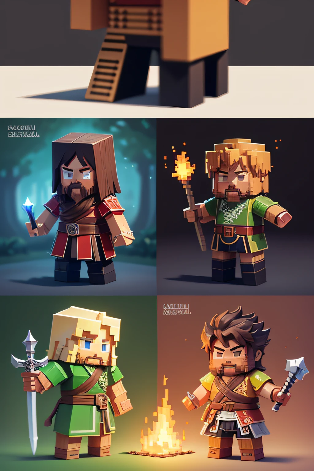 Close-up of a pixel character of a man holding a sword, voxels, voxelart, magister, voxels, voxels art, high quality voxel art, minecraft lords, pyromancer, brown tanned skin, minecraft skin, super glitched, Guan yu, clash royal style characters, next gen, heavy jpeg artifact blurry, Multiple concept designs,concept design sheet