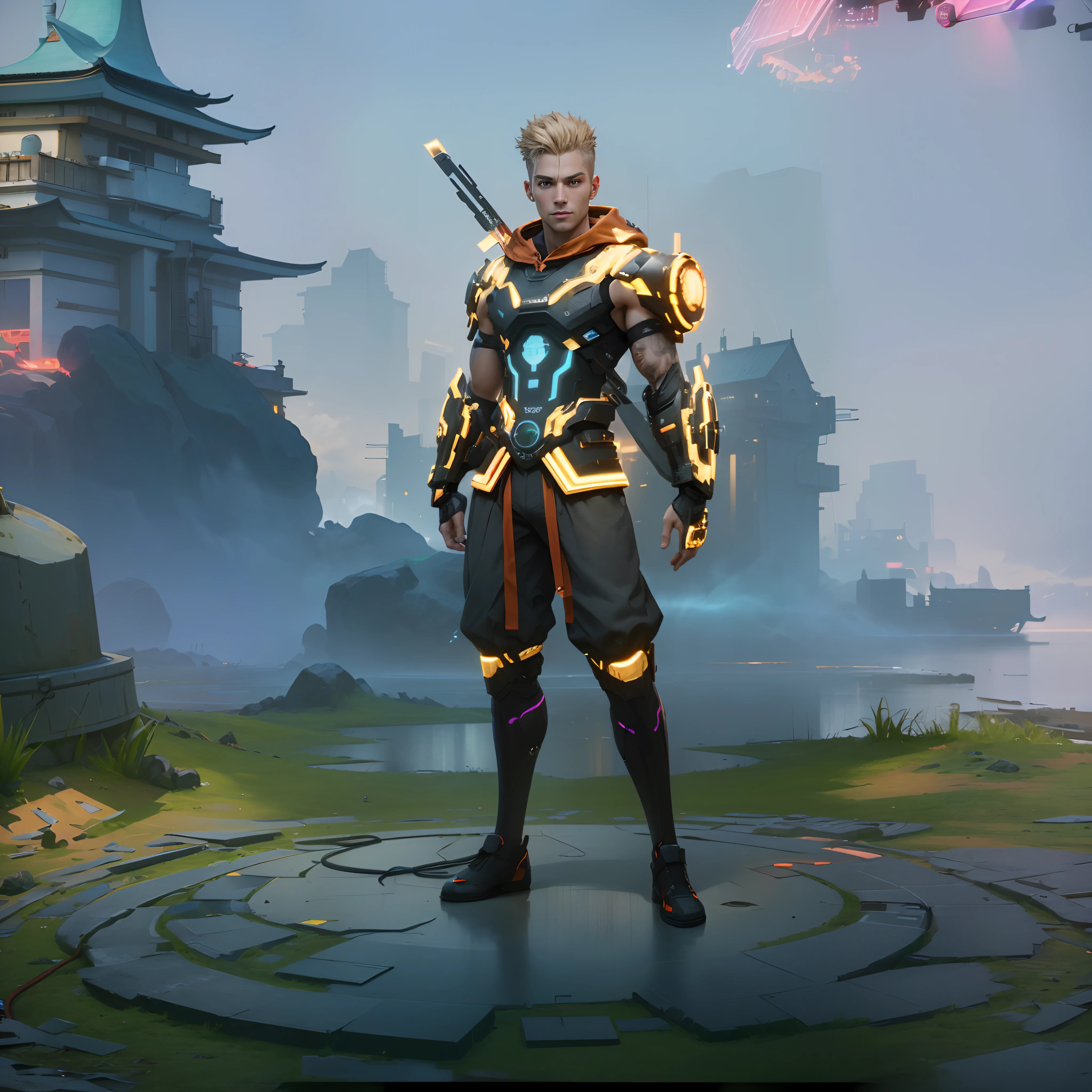 (absurd, intricate detail, masterpiece, top quality, high definition, 8k), 1 male, half Swedish with Japan,, older, handsome, fine eyes and face, blond quiff hair cropped on the sides, teal black eyes, watch the beholder, Solo, (full body: 0.6), detailed background, detailed face, (circuit board AI, electronic theme:1.1) Evil tech futuristic hacker, grin, advanced technology, hoodie, techware, key cards, cables, (holographic display:1.05), error messages, computer, password, server room in background, orange lights, cyber war, dark ominous atmosphere, depth of field, VFX,Facing the camera