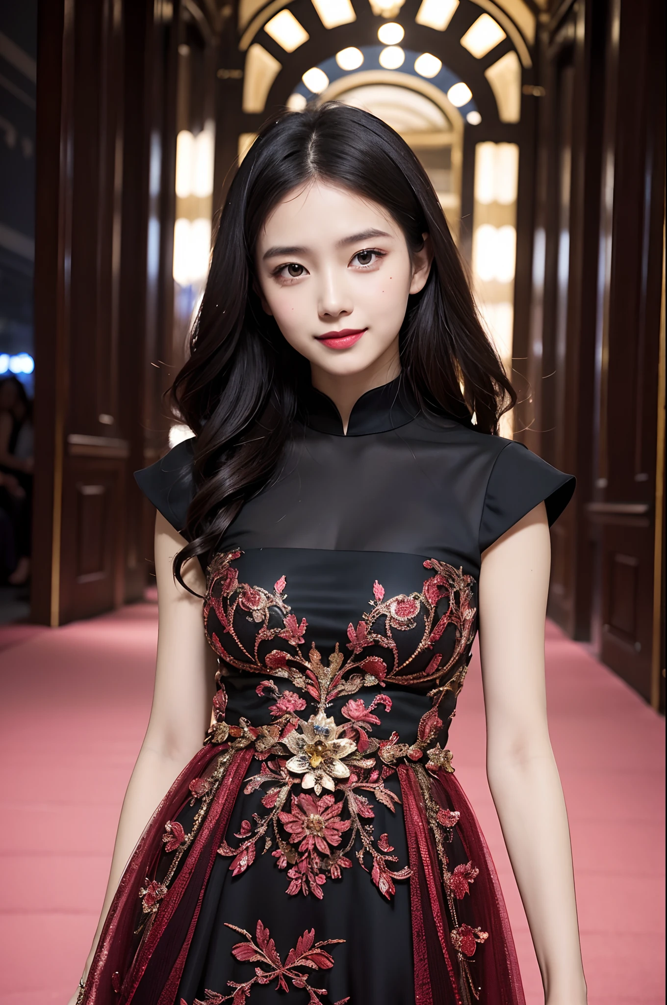 Girl VN01, 1girl in, (Smile:1.4) stunningly beautiful girl, Haute_Couture, designer dress, Wearing haute couture, posing for photo, Fashion Show, Long shape face, angry, Crazy, darkred eyes, sidesweep hair, Short hair, Long ringlet, catwalk \(Walkway\), , Colorful, Vivid colors, masutepiece, Best Quality, absurderes, Highest Quality, Amazing details, 8K, Aesthetic,