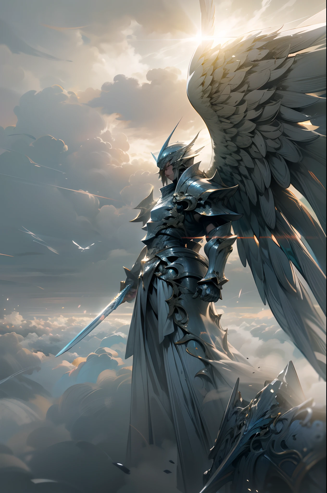 (4K, Cinematic Light Effects,) Sky, Mighty Angel (suspended in the air), Armor, Shield Sword, Six Wings, Battle Stance, Cloudy Sky, Sunlight Shining Through the Gaps in the Clouds, Fog