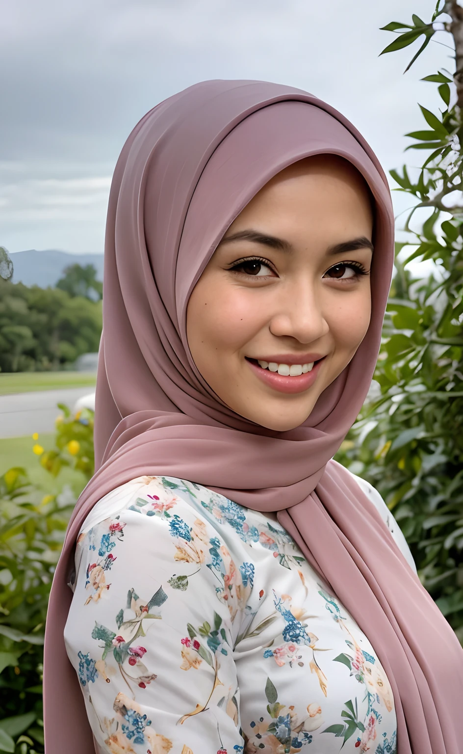 Masterpiece:1.2, high quality, best quality, high resolution, detailed, hyper realistic, 1 malay girl, wear baju kurung, bright short white hair, Shaggy Bob Haircut with Bangs, brown eyes, head tilt, sunset, birds flying, strawberry plant, Portrait, smile, showing teeth, (detailed face), ((sharp focus)), ((face)), upper body, mid shot portrait,