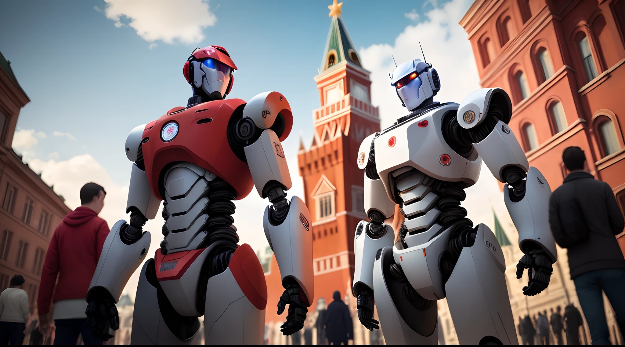 Create an image of a man on red square in a robot suit