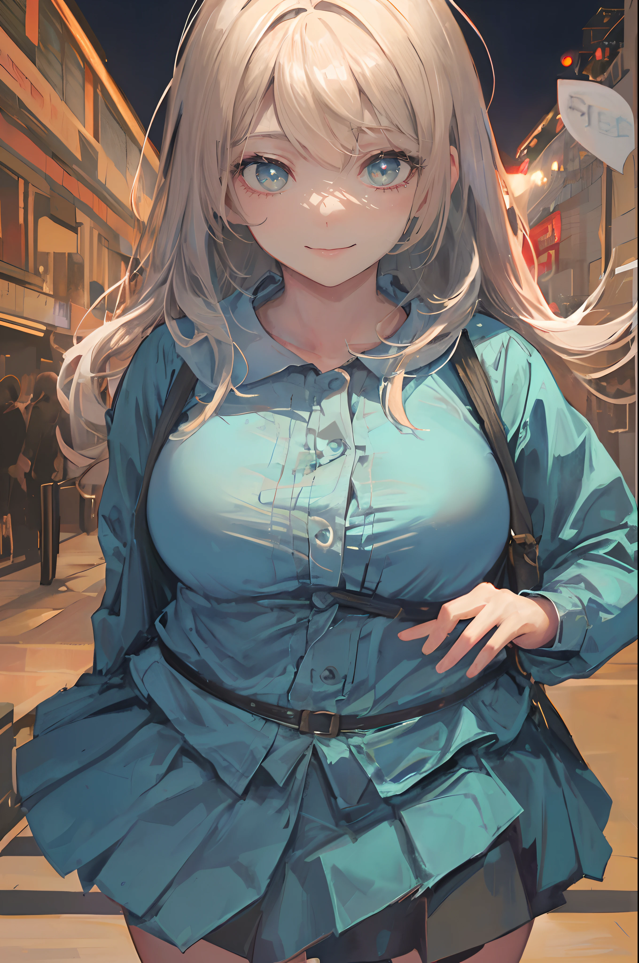 ((A beautiful and cute woman is changing her clothes)), ((A 22-year-old beauty)), ((A shy smile)), ((Long shiny hair)), ((A plump bust)), ((Miniskirt)), ((Blouse)), ((Gradient eyes)), ((The background is a night view of the city)), Attractive makeup, Single view, NFFSW, UHD, Retina, Masterpiece, Accurate, Anatomically, Scientifically Correct, Textured Skin, Super Detail, High Detail, High Quality, Award Winning, Top Quality, High Resolution, 1080P, HD, 4K, 8k, 16k