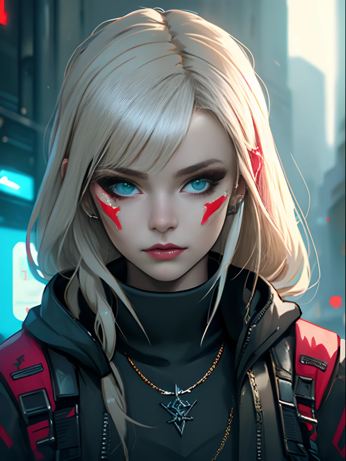 cyberpunk woman wearnng practical pagan slavic rus clothes mixed with nu-goth aesthetic, warrior, portrait, detailed face