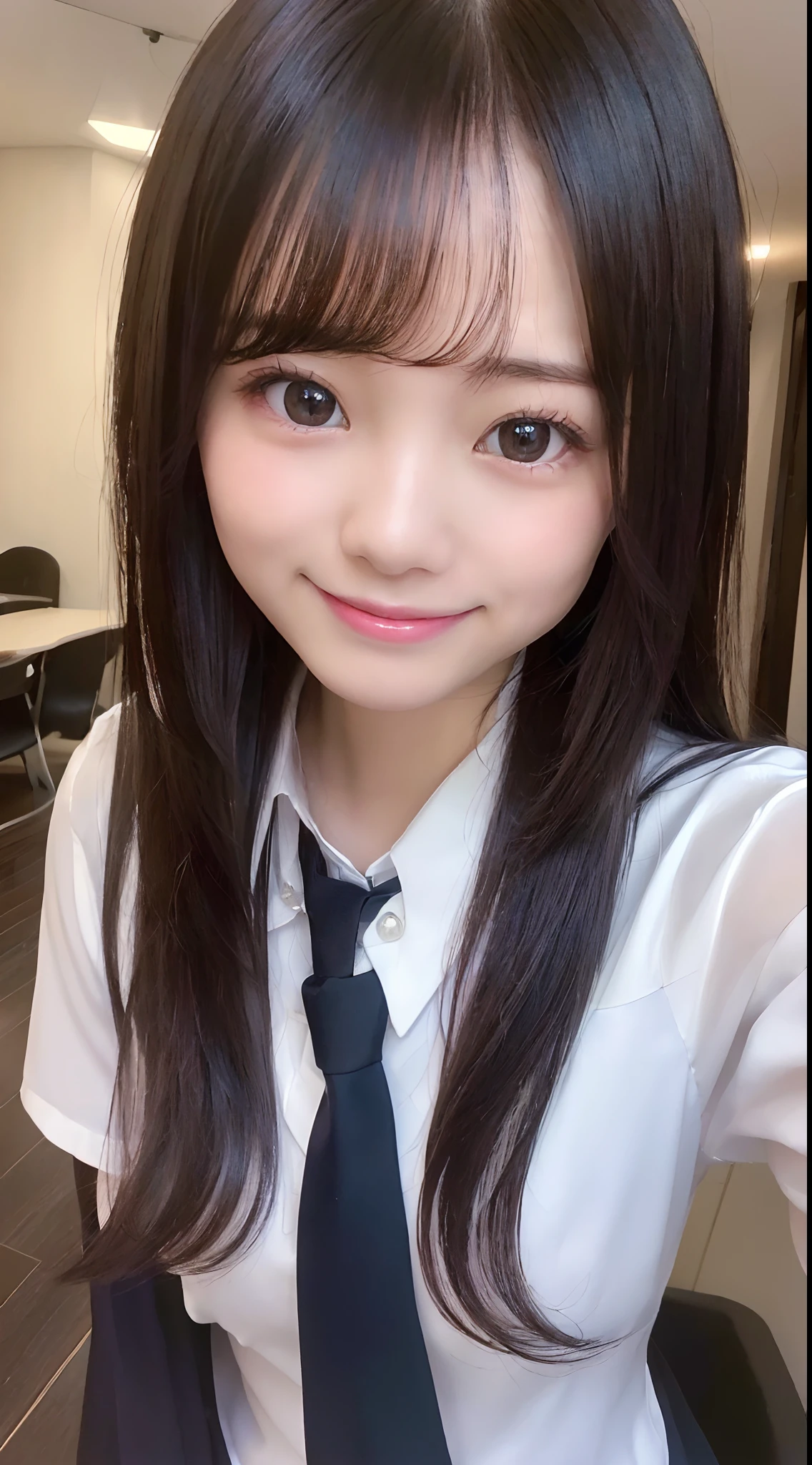 (Best Quality, 8K, 32K, masutepiece, nffsw:1.2),Hyper Detail Hair,Photo of Pretty Japanese girls,1girl in,18year old,japanaese girl,(A dark-haired:1.5),high-school uniform,neck tie, (directly in front:1.2), selfee, ((Smile:1.2)),((From shoulder up:1.2)), ((up of face:1.2)),