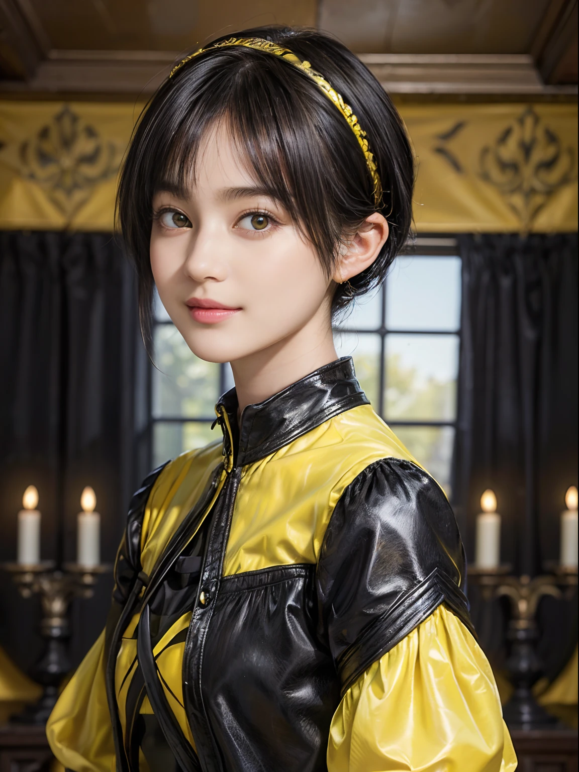 (trickart), (trompe l'oeil), Wonder Painting, Mauritz & Ye, Shah, (Maurits Escher), (Black Shorthair:1.3), (a 20 yo woman), (A hyper-realistic), (Masterpiece), (8KUHD), Beautiful woman, a smile, (Wearing yellow clothes:1.3)