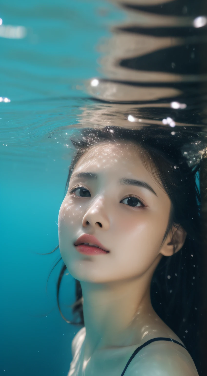 (RAW photo, Best quality), (Realistic, photo-realistic:1.2),High quality, 1girll,delicated face,Under water,The sun shines into the water,