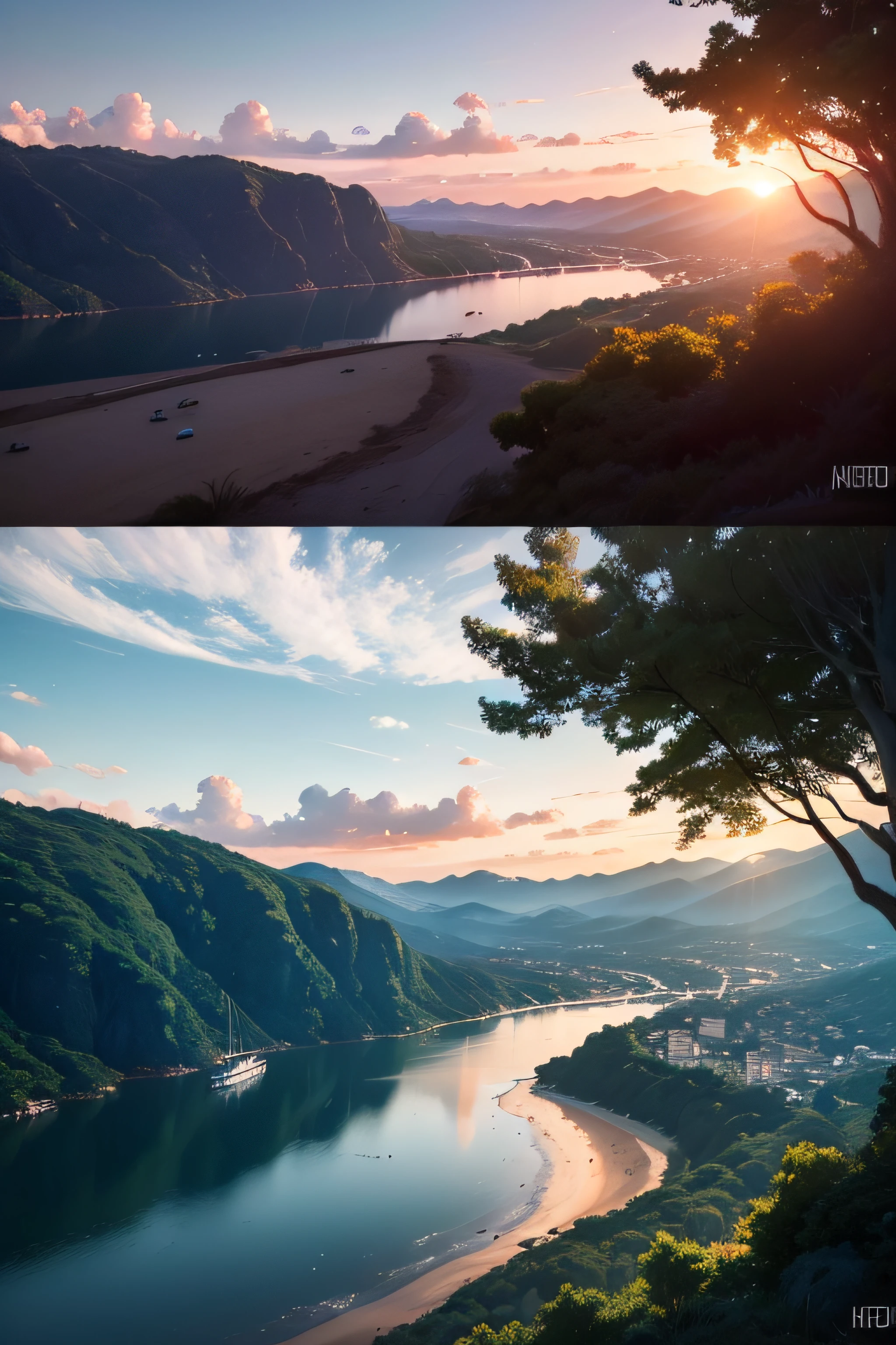 obra-prima, melhor qualidade, alta qualidade, fotografia extremamente detalhado da unidade CG 8k, scenecy, Ao ar livre, heaven, nuvem, dia, sun sunset, sem humanos, praia, panorama, agua, tree, blue skies, natureza, mar, Cloudy sky, fotografia premiada, Bokeh, profundidade de campo, HDR, flor, No chromatic aberration, noise-free, fotorrealista, extremamente detalhado, trending on ArtStation, trend at CGSociety, intrincado, alto detalhe, com 3 barcos de pesca pequenos sem nomes,