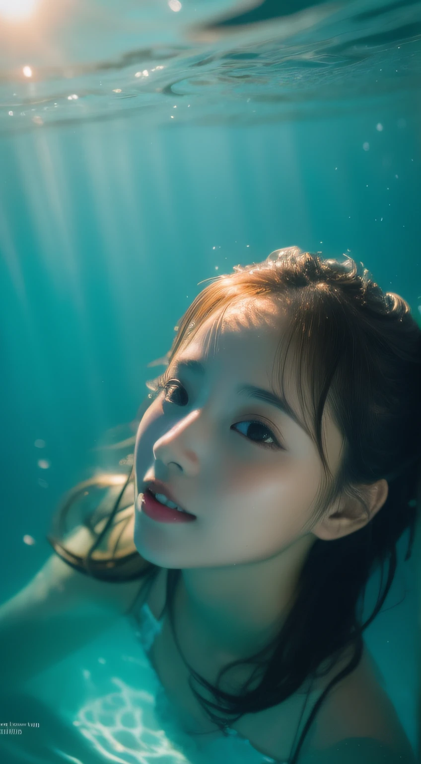 (RAW photo, Best quality), (Realistic, photo-realistic:1.2),High quality, 1girll,delicated face,Under water,The sun shines into the water,