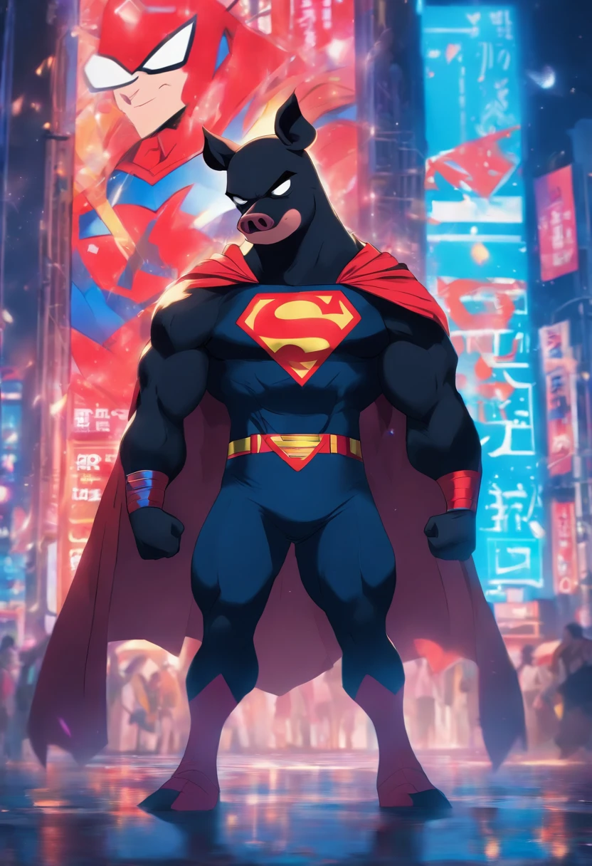 "Create a poster with anime aesthetics featuring a boy dressed as a black pig disguised as Superman, leaning against a sign that reads 'Gumiparty 2024'."