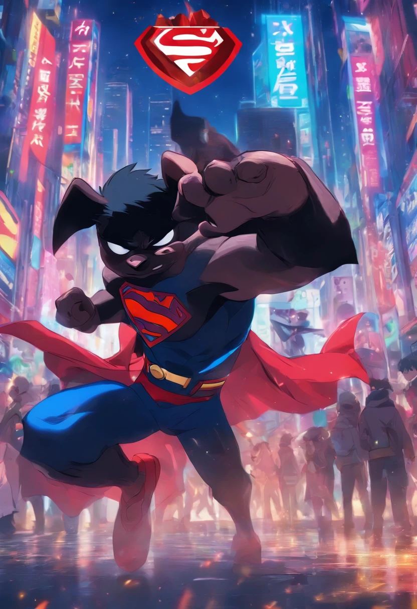 "Create a poster with anime aesthetics featuring a boy dressed as a black pig disguised as Superman, leaning against a sign that reads 'Gumiparty 2024'."