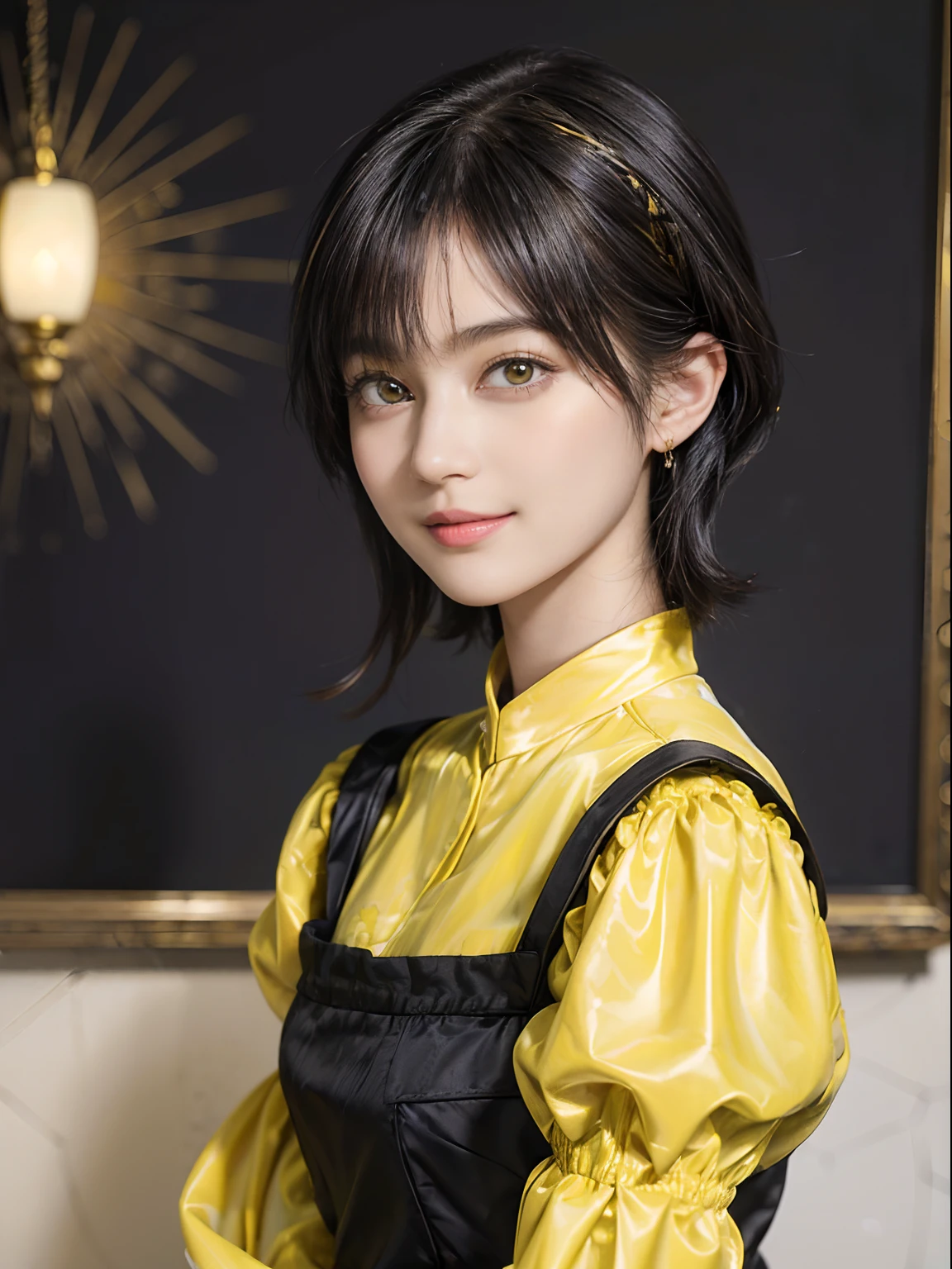 (trickart), (trompe l'oeil), Wonder Painting, Mauritz & Ye, Shah, (Maurits Escher), (Black Shorthair:1.3), (a 20 yo woman), (A hyper-realistic), (Masterpiece), (8KUHD), Beautiful woman, a smile, (Wearing yellow clothes:1.3)