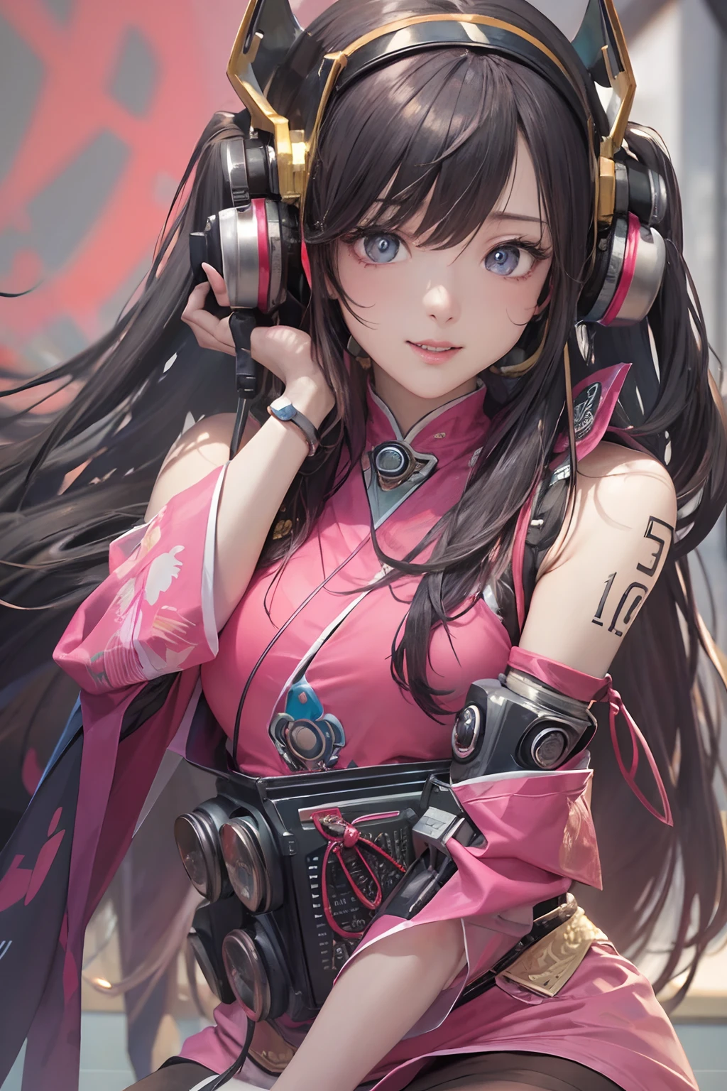 ​masterpiece, 1 beautiful girl, Detailed eye, Swollen eyes, top-quality, 超A high resolution, (reality: 1.4), 电影灯光, japanes, a asian beauty, very extremely beautiful, lovely、Beautiful skins, A slender, Forward-facing body, (A hyper-realistic), (hight resolution), (8K), (ighly detailed), ( Best Illustration), (beautifully detailed eyes), (ultra-detailliert), 详细的脸, Bright lighting, Professional Lighting、The background is a cyberpunk room with many monitors.........、The cord is connected from the costume、Long Hair Color Pink、headset on head、small tattoo on face、nffsw、gazing at viewer