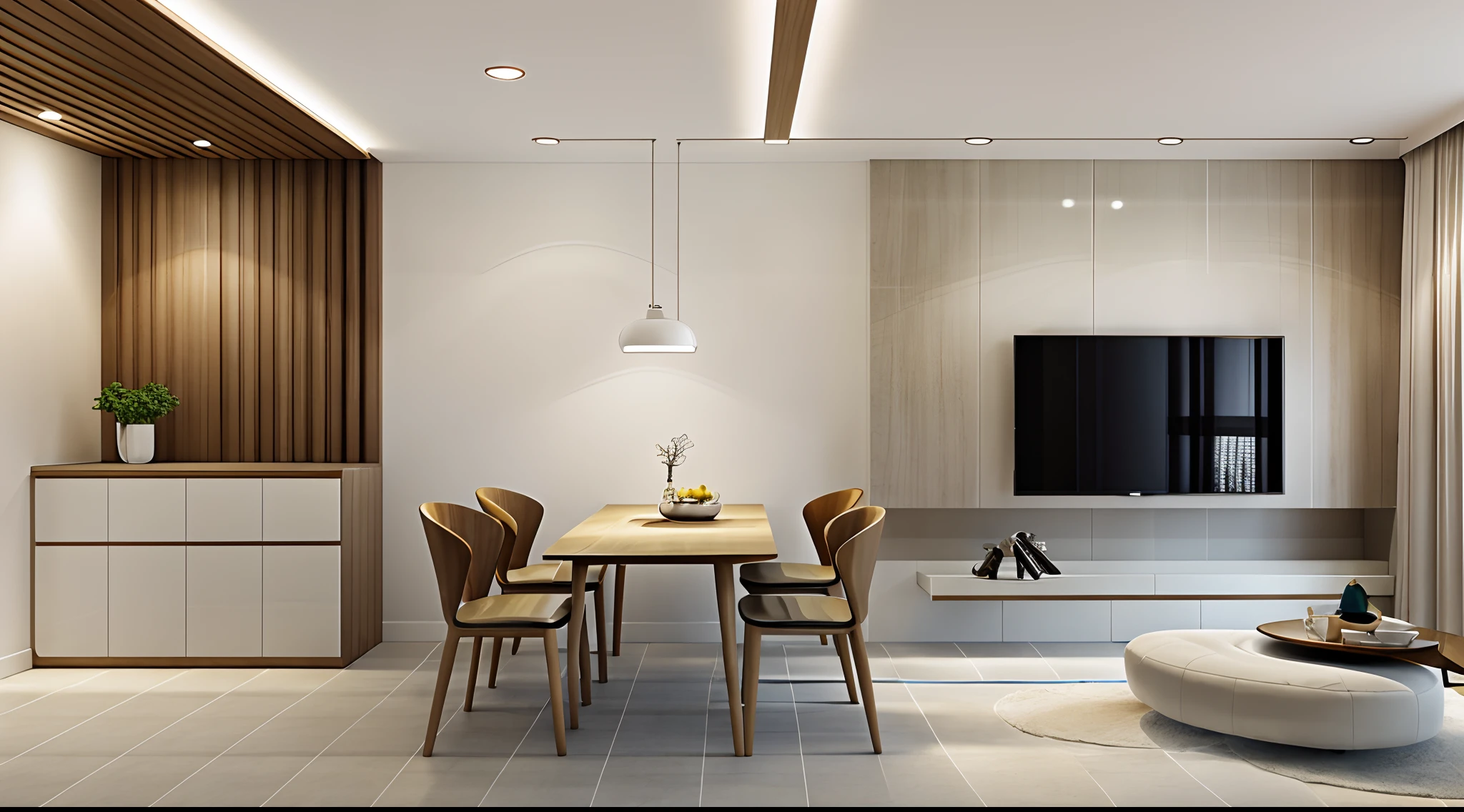 Modern living room design, Super sharp like a photo taken with a professional camera, (1 dining table set with 4 chairs, decorative dining table lamp), (1 decorative shelf, modern wall-mounted TV), ((ceiling flat)) downlight, warm gentle light, modern wall decoration shelf, super glossy wooden floor, Render 8k, super high resolution, white block wall decoration, decoration Cream block walls, glossy floors, (((ceiling lights))) , warm, gentle, romantic feeling, neat details
