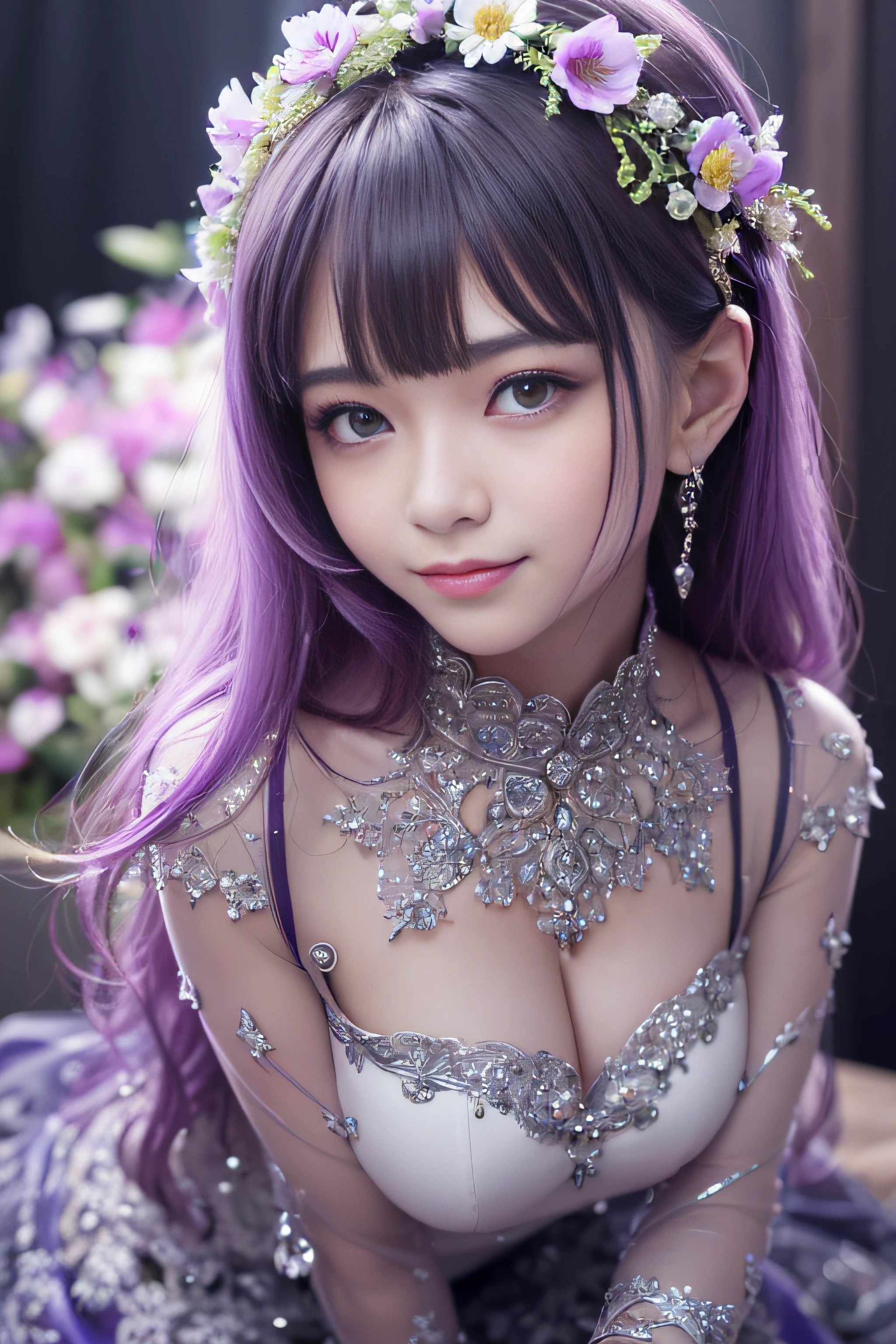 maidennurse、kawaii、(shorttwintail)、(((Details of intricate ornaments on the chest)))、(((colorlesstransparentlatexlarge-format:1.4)))、Small mechanical launch port on the chest、(((Large transparent resin :1.4)))、((super realistic details))、globalillumination、Shadow、a purple eye、radiant eyes、Facing the camera、neon details、sitting on、(purple color lighting:1.2)、portlate、Raw photo、top-quality、​masterpiece、超A high resolution、(Photorealsitic:1.4)、octan render、8K picture quality、ultrasharp、Details of complex ornaments、highly intricate detail、Realistic light、Beautie、A slight smil、Cute smile、Glass flowers、(((leaning down)))