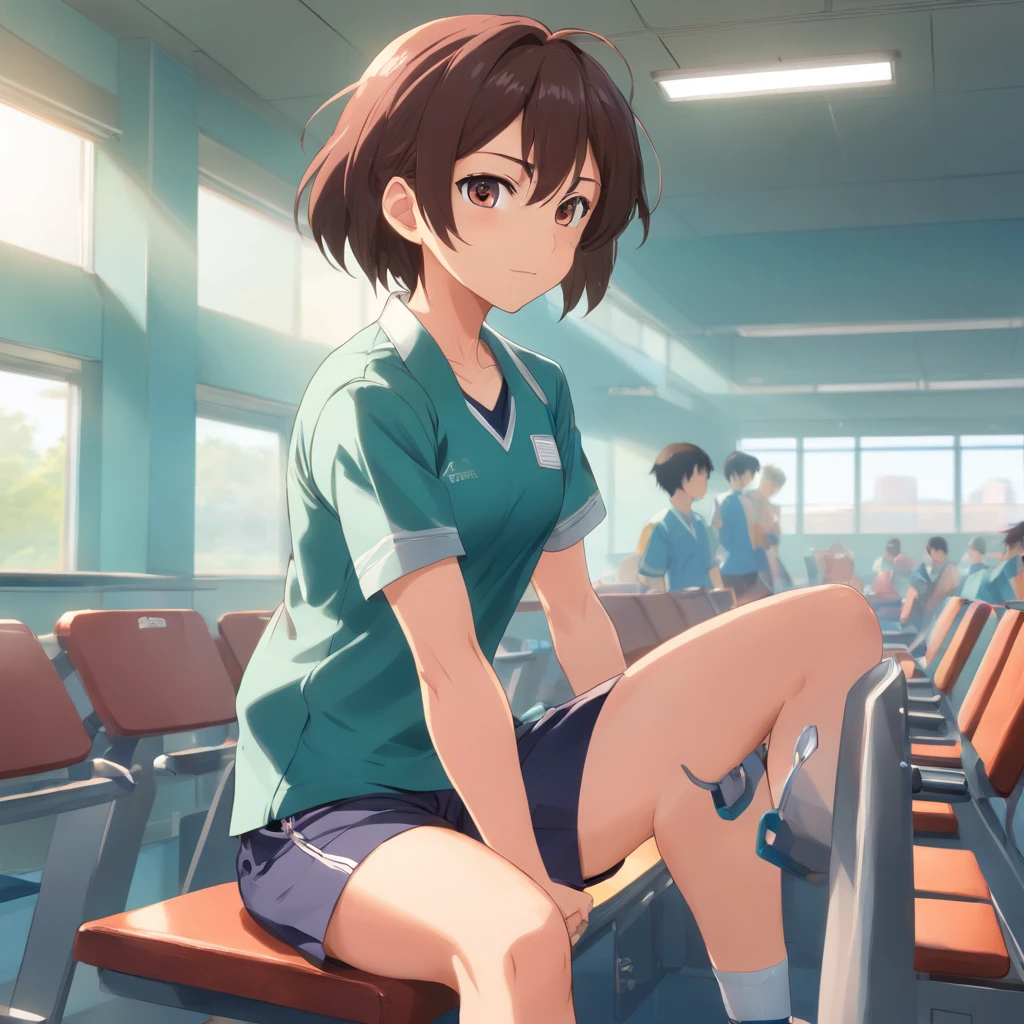short sleeve school uniform，Swollen muscles，junior school student，adolable，Handsome，younge boy, Show your strong body in class, Sharply defined、fine muscles,short- sleeved，sweat shorts，deltoids，Biceps，chest muscle，Abs，trapezius muscle，Latissimus dorsi，triceps，Quadriceps，