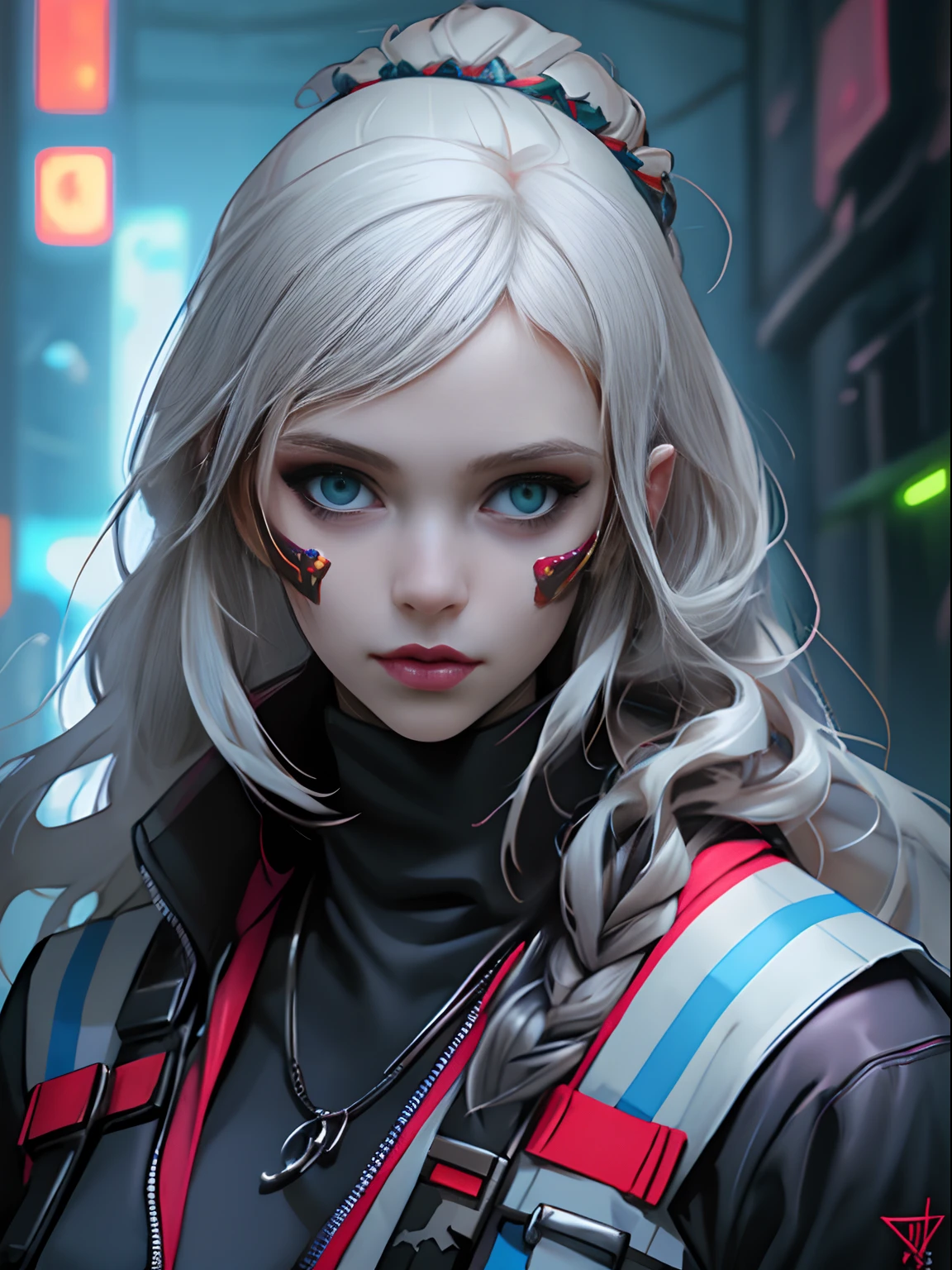 cyberpunk woman wearnng practical pagan slavic rus clothes mixed with nu-goth aesthetic, warrior, portrait, detailed face