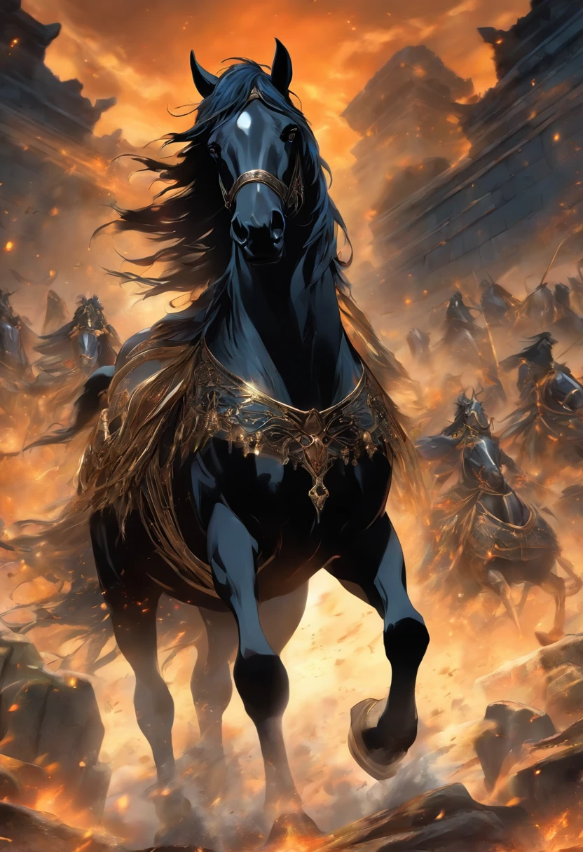 (((black horse chariot )))best quality, very high resolution, 4K detailed CG, master piece, Hades, god of the underworld, Greek mythology, emerged from the underworld, chariot, black horses, greece, black horses, greek ruins, garden ,roman,carriage,carriage of the underworld,((carriage of the underworld)),Roman mythology,god Pluto,beautiful aesthetics,Beautiful image,centered on the screen