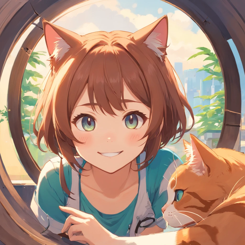 Cat in the circle，a closeup，（without background：1.5），T-shirt logo，Sticker Logo，Cutting art，（Girl and cat facing each other with a smile）