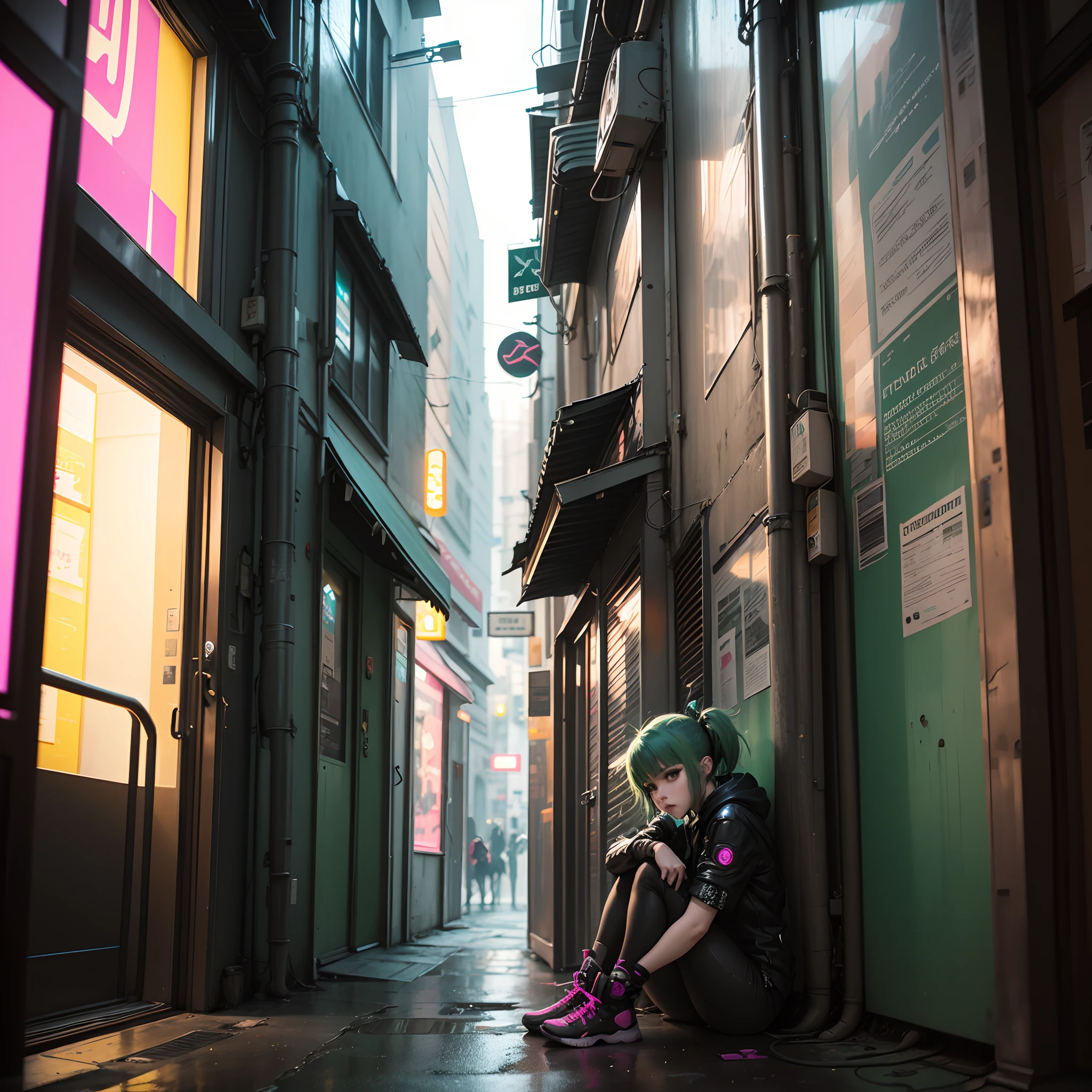 Green hair woman sitting on wall、anime cyberpunk art、cyberpunk anime art、Female Cyberpunk Anime Girl、cyberpunk anime girl、dreamy cyberpunk girl、cyber punk Girl、anime cyberpunk、cyberpunk beautiful girl、digital cyberpunk anime art、a teen cyberpunk cyborg、neonpunk、Young Woman Cyborg、High-quality cyberpunk art、Modern Cyberpunk Animeṇ --auto