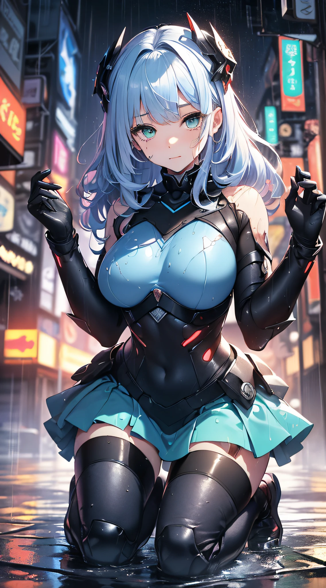 top-quality、Top image quality、masterpiece、Android Girl((sixteen years old,My whole body is full of wounds、Broken cybersuit glowing black, red and white、Blue energy source for the chest,Best Bust、Bust 90、Light blue shiny hair、Longhaire,Cyber Skirt、Blue-green eyes、open chest wide、Valley、Happiness、A slender、the whole body is wet、Falling to the floor、Kneeling、Leaning forward))hiquality、Beautiful Art、Background with((Magical Night City、Very heavy rain))、masutepiece、Elaborate design、visualart、Theatrical films