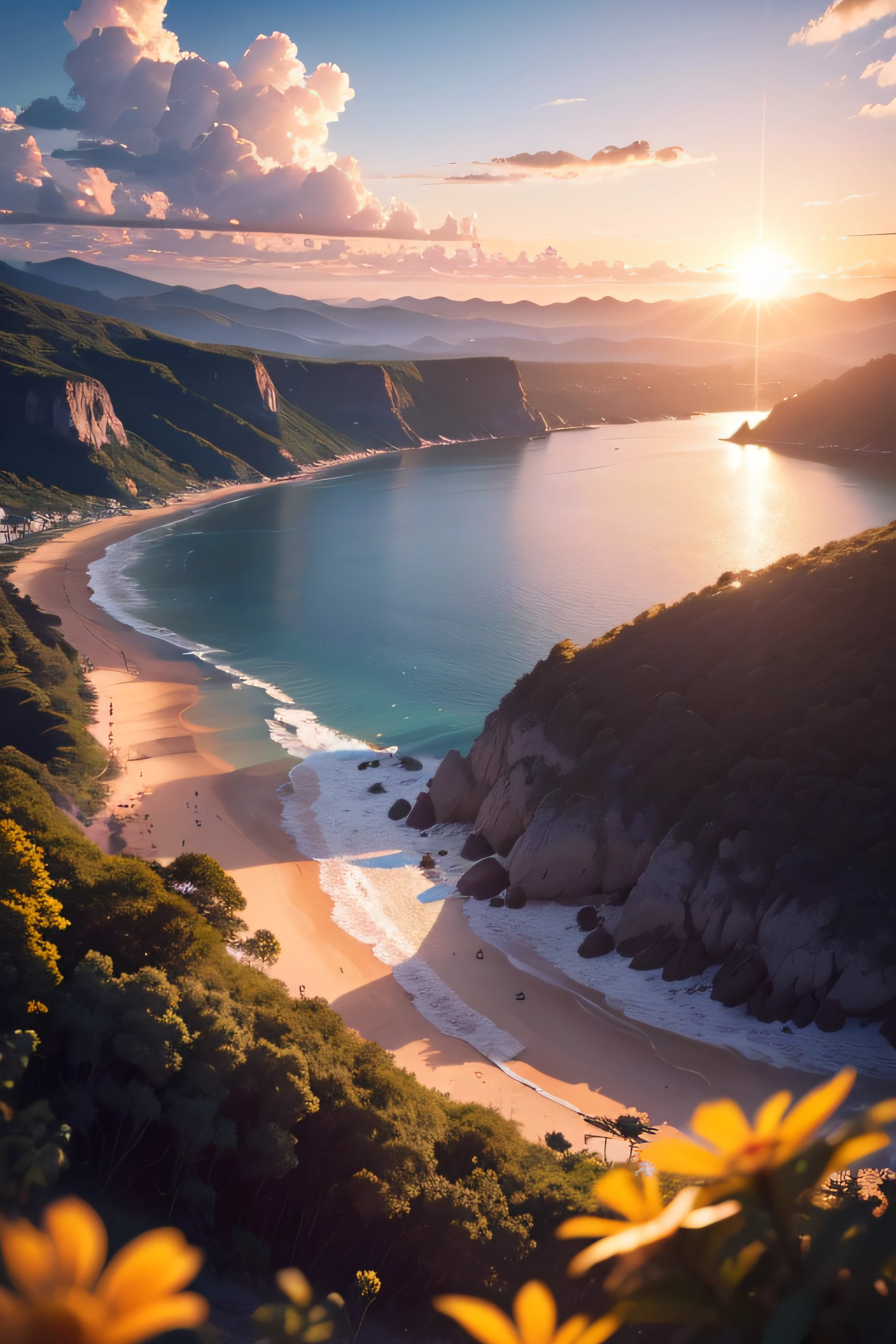 obra-prima, melhor qualidade, alta qualidade, fotografia extremamente detalhado da unidade CG 8k, scenecy, Ao ar livre, heaven, nuvem, dia, sun sunset, sem humanos, praia, panorama, agua, tree, blue skies, natureza, mar, Cloudy sky, fotografia premiada, Bokeh, profundidade de campo, HDR, flor, No chromatic aberration, noise-free, fotorrealista, extremamente detalhado, trending on ArtStation, trend at CGSociety, intrincado, alto detalhe, com 3 barcos de pesca pequenos sem nomes,