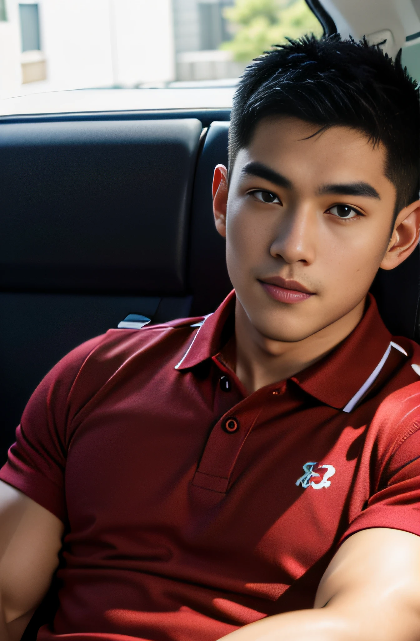 (masterpiece: 1.2),(CGI Art:1.3),(Realistic:1.5),(Post Processing:1.3),(crisp focus:1.3),10,1 man, smile, (Wear a crimson polo shirt.) , Short Hair Hair, korea ,Torn body, facial hair, Indonesian, (High shadow detail),Pectoral muscles, Big arm muscles, blood vessel, Big muscles, Wide shoulders, athlete, football, Sit in the car