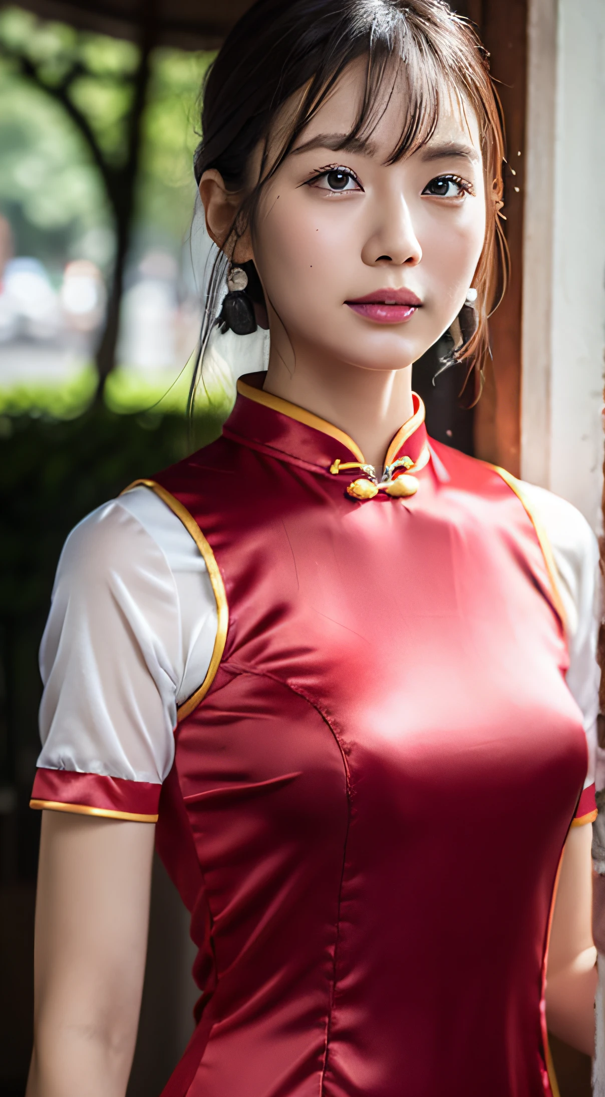 Best quality at best,Best image quality,Highest resolution,super detailing,chinadress,Short Sleeve Cheongsam,The cheongsam is made of satin,The gloss is soft and smooth,It's tight to the touch,Tight cheongsam,Red cheongsam,and wear no underwear,Chest is C cup,Full body photography allows the face to enter,The subject is alone,Shoot outdoors,soaking wet,Wearing sweat,