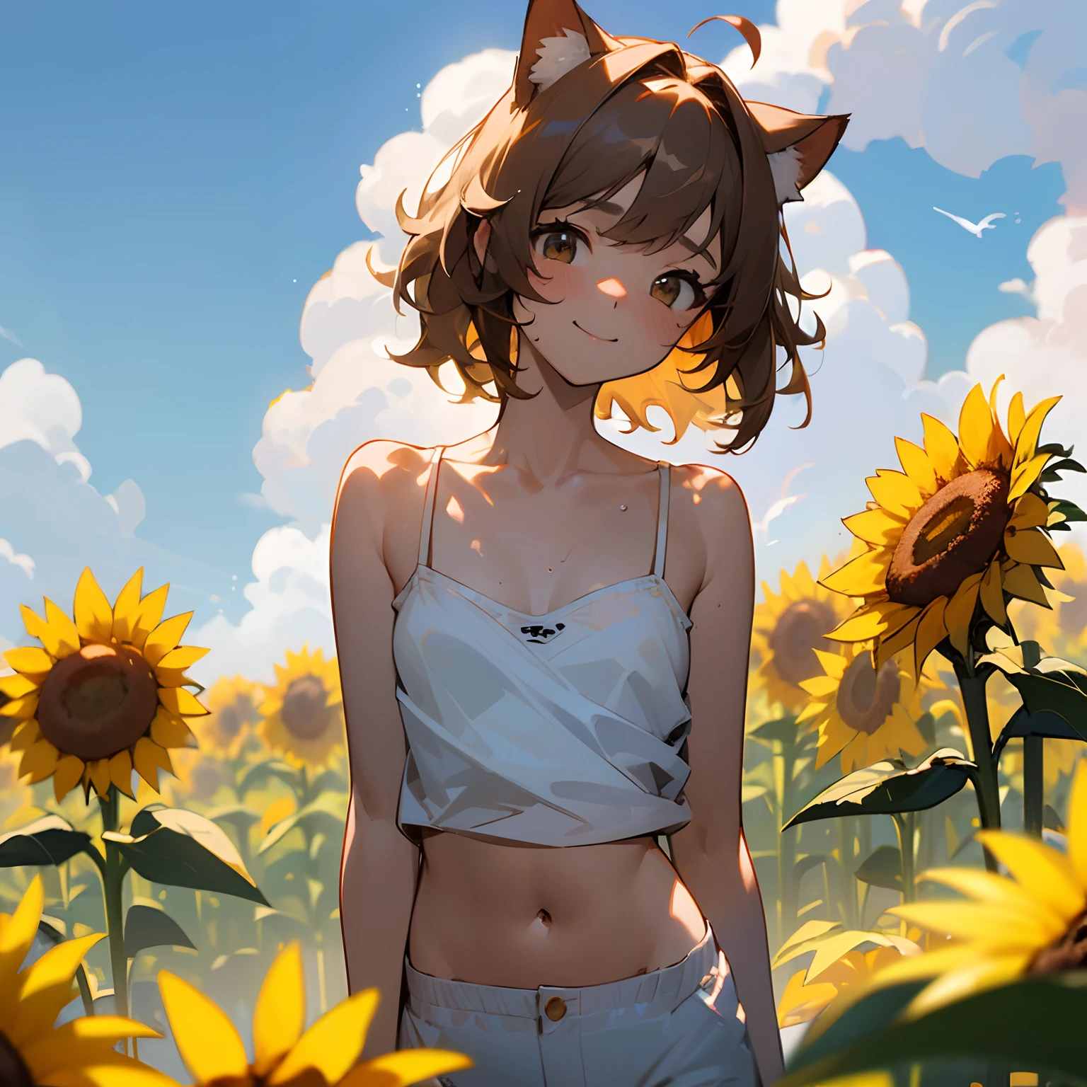 ((masterpiece)), wide shot, (Professional Photography:1.2), (Very messy medium hair、Cute age beautiful girl), summer sky, (cumulonimbus), sunflower, (exposed small breast, exposed cute stomach), sweaty, Tightly-fitting small white-camisole, Slender small breasts, shy and Smile, Textured skin, Cat ears, Pale brown hair
