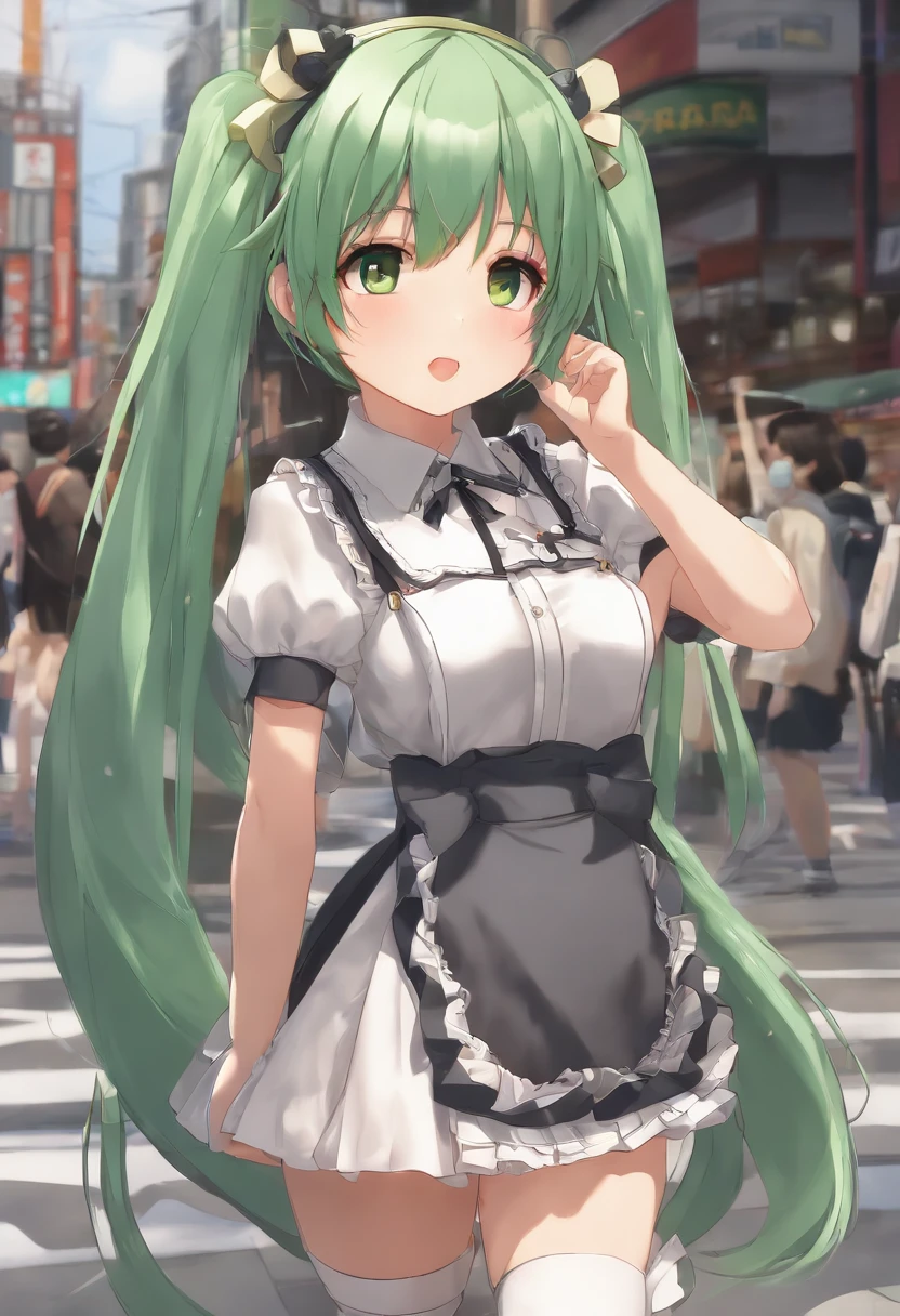 (8-year-old little girl:1.2),Akihabara Maid Clothing,a miniskirt,Green Hair Anime Girl,(Twin-tailed:1.1),In the city of Akihabara,small tits