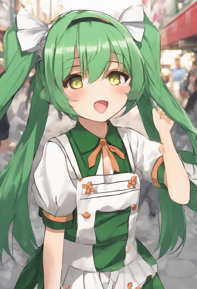 (8-year-old little girl:1.2),Akihabara Maid Clothing,a miniskirt,Green Hair Anime Girl,(Twin-tailed:1.1),In the city of Akihabara,small tits