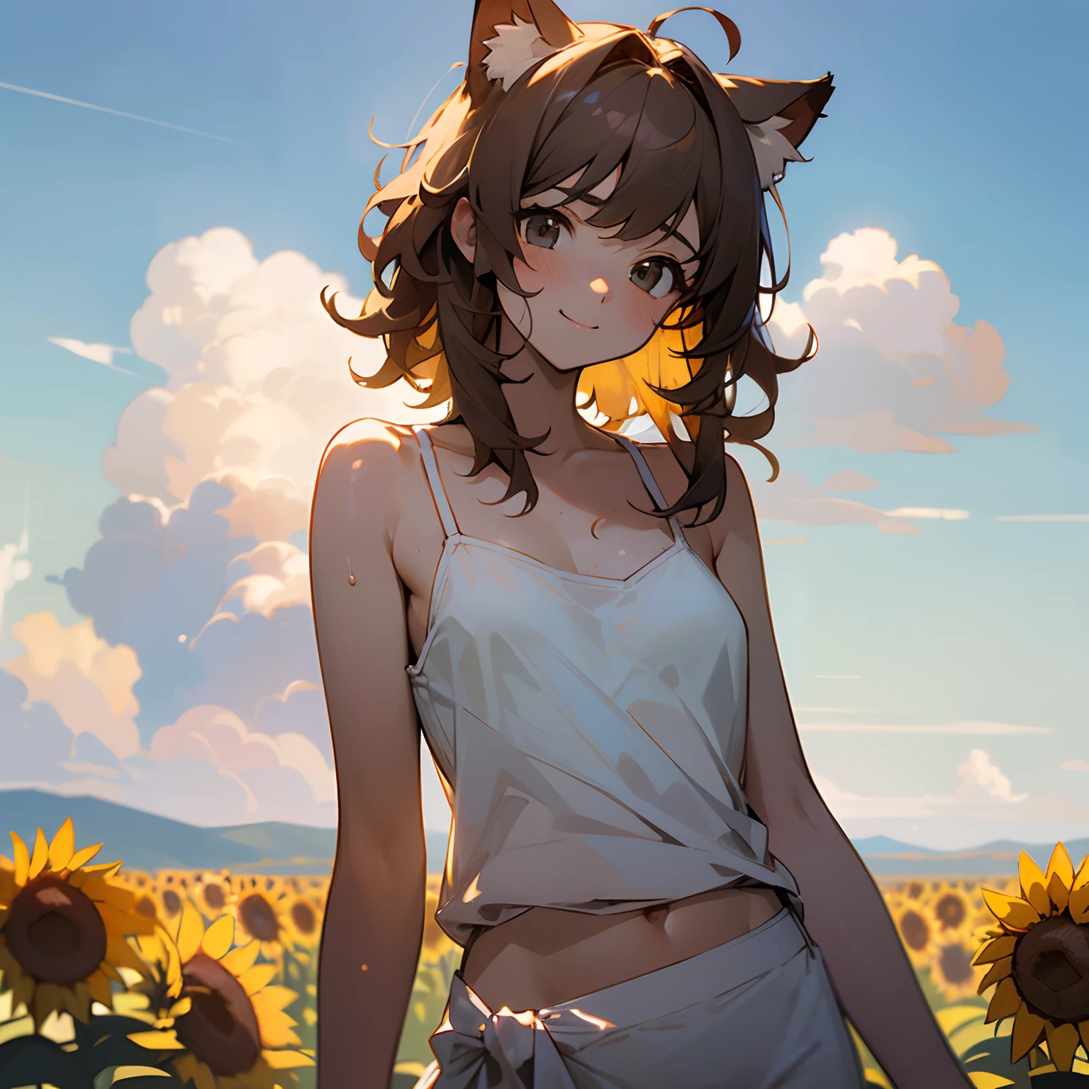 ((masterpiece)), wide shot, (Professional Photography:1.2), (Very messy medium hair、Cute teenage beautiful girl), summer sky, (cumulonimbus), sunflower, (exposed small breast, exposed cute stomach), sweaty, Tightly-fitting small white-camisole, Slender small breasts, shy and Smile, Textured skin, Cat ears, Pale brown hair, hand on waist