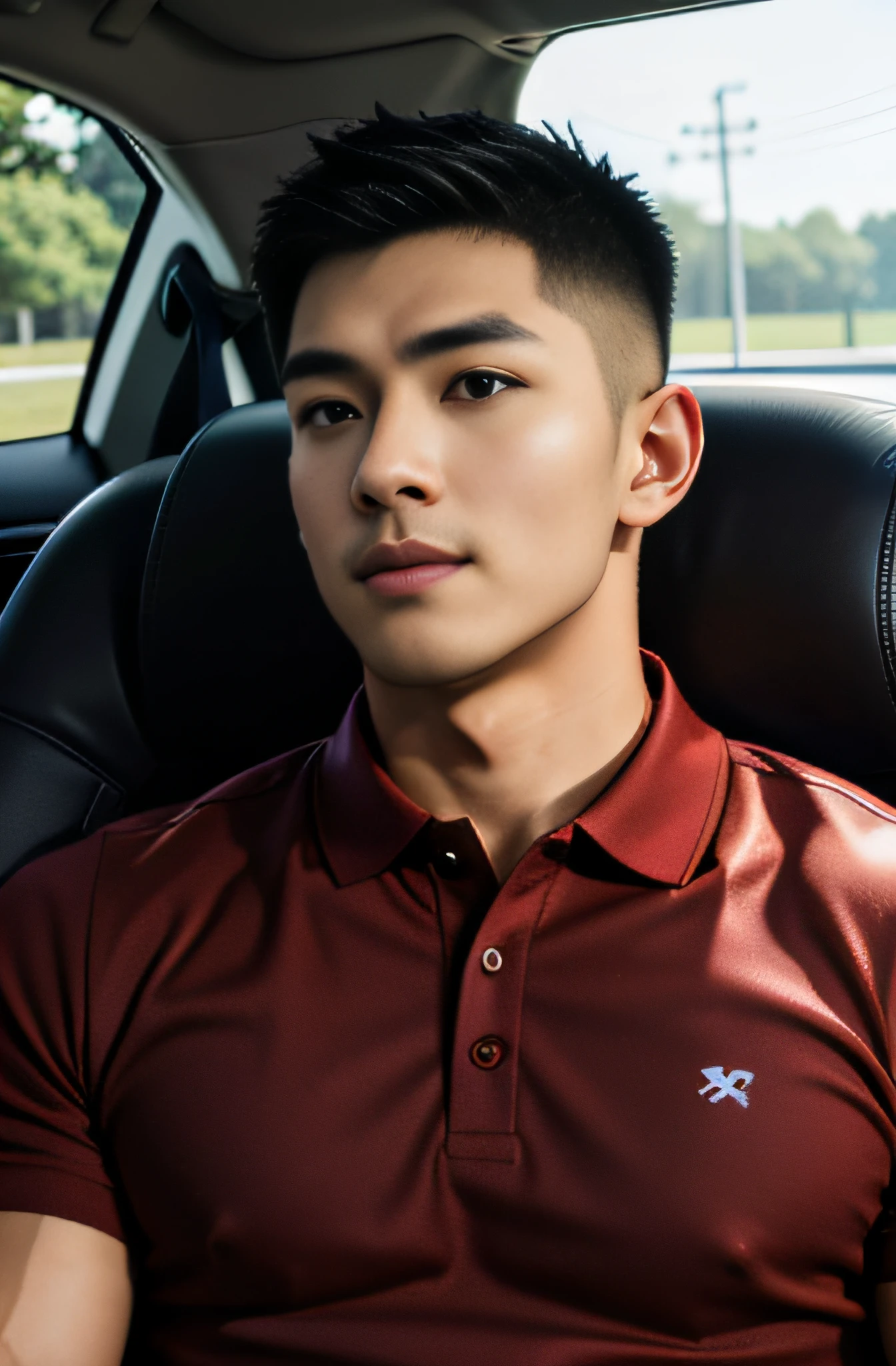 (masterpiece: 1.2),(CGI Art:1.3),(Realistic:1.5),(Post Processing:1.3),(crisp focus:1.3),10,1 man, smile, (Wear a crimson polo shirt.) , Short Hair Hair, korea ,Torn body, facial hair, Indonesian, (High shadow detail),Pectoral muscles, Big arm muscles, blood vessel, Big muscles, Wide shoulders, athlete, football, Sit in the car