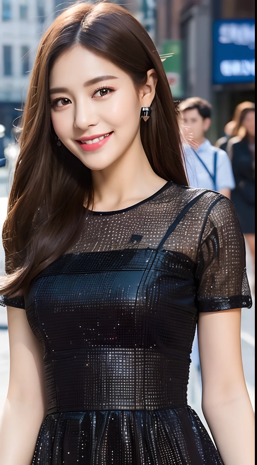 ((Best quality, 8k, Masterpiece :1.3)), 1girl, smiling, full body, slim face, Pretty woman, (Dark brown hair), full length dress :1.1, Ultra-detailed face, Detailed eyes, Double eyelid, blur background, slim face, city, outside, street,