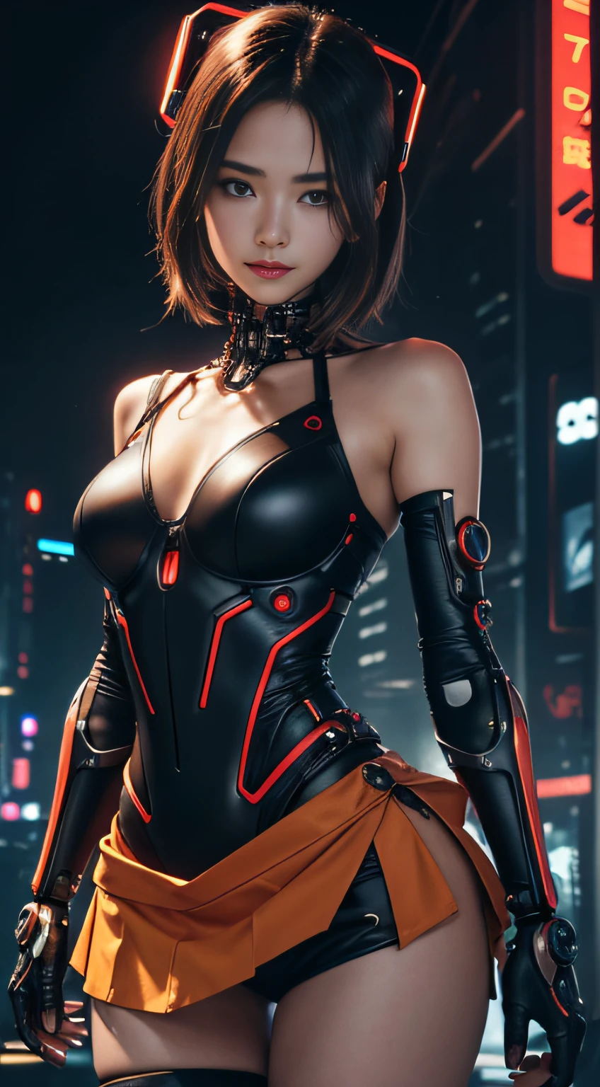 unreal-engine:1.4,hyper HD,Best quality:1.4, Fotorrealista:1.4, Skin texture:1.4, tmasterpiece:1.8, 1 Cyberpunk Girl, brunette color hair, glowy skin, 1 orange mechanical girl, (Super realistic details)), full bodyesbian, global ilumination, Contrast, Umbroso, rendering by octane, ultrasharp, exposed neckline, raw skin,Orange miniskirt, metal,Intricate yellow decorative details, Japan Details, High level of detail, realistic raytraicing, Trends in CG, in front of camera, neon light detail, Mechanical limbs, blood vessels attached to the tube, Mechanical vertebrae attached to the back, mechanical cervical attachment to the neck, wires and cables connecting to head, gundam, Small LED lamps.14 Years Old Girl、silber hair、Perfectly rounded pupils、Huge irisﾃﾞｨﾃｰﾙ, light  smile,(Cyberpunk:1.3)