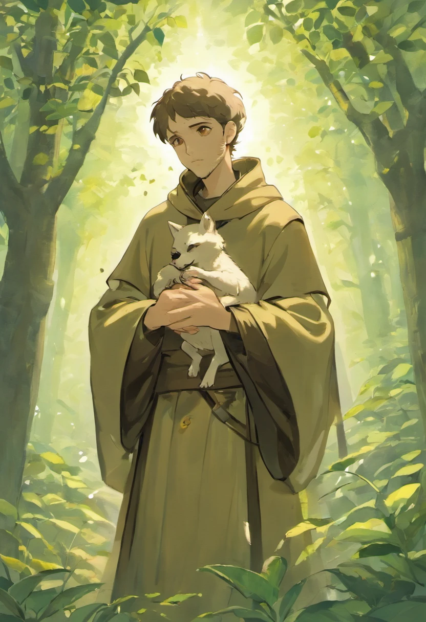 Describe a picture of St. Francis of Assisi in detail. Na cena, St. Francis is represented as a man of average height, dressed in a dark brown habit with a rope belt tied to his waist. he's barefoot, displaying the bare feet that are a hallmark of his devotion to simplicity.
St. Francis' face is illuminated by a serene and compassionate expression. His eyes are deep and full of kindness, and his gaze seems to be turned to heaven in divine reverence. Uma aura de paz irradia de sua figura.
In one hand, San Francisco holds a small bird, symbolizing his love and respect for all of God's creation. The bird rests softly on its open palm, manifestando a harmonia que ele buscava entre os seres humanos e a natureza.
A seu lado, vemos um lobo deitado, which symbolizes the legend of St. Francis taming Gubbio's ferocious wolf with love and compassion. The wolf looks at St. Francis with confidence and submission.
Behind San Francisco, There is a setting of a natural and serene environment, with trees, flores e um riacho que flui suavemente. The soft sunlight shines through the leaves of the trees, criando um ambiente de paz e harmonia.
The image of St. Francis of Assisi is a touching representation of his devotion to the faith, to nature and peace. It captures the essence of his loving personality and his mission to care for the less fortunate, of God's creation and of all living beings